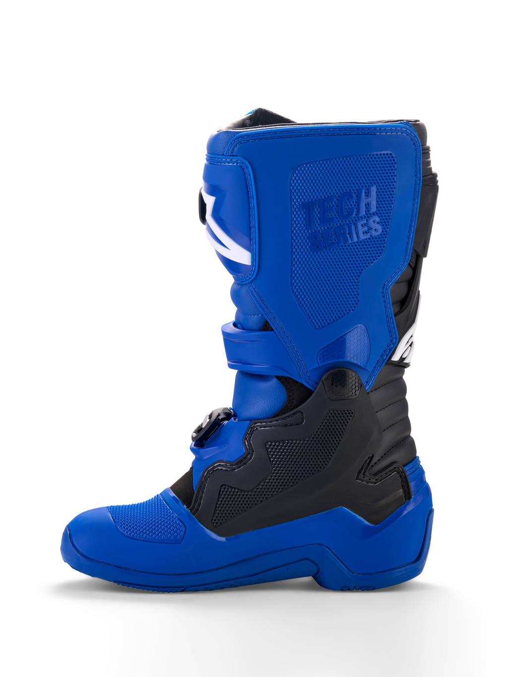 Alpinestars Yamaha Youth Tech 7S Stiefel, Jugend-Motocross-Stiefel, Blau mit schwarzen und weißen Akzenten, Seitenansicht, mit geprägtem „Tech Series“-Branding, TPU-Schutzpanelen, Schnallenverschlusssystem und einer strapazierfähigen blauen Sohle für Offroad-Performance.