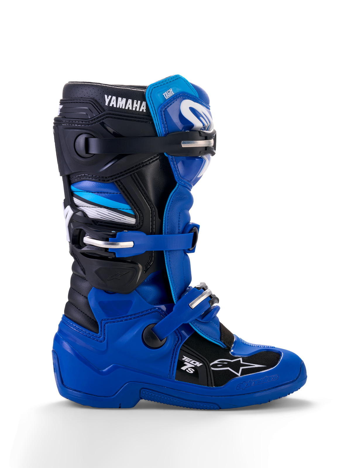 Alpinestars Yamaha Youth Tech 7S Stiefel, Motocross-Stiefel, Blau, Schwarz und Weiß, Seitenansicht mit verstellbaren Schnallen, TPU-Schutz, Yamaha-Branding und verstärkter Sohle für Offroad-Performance