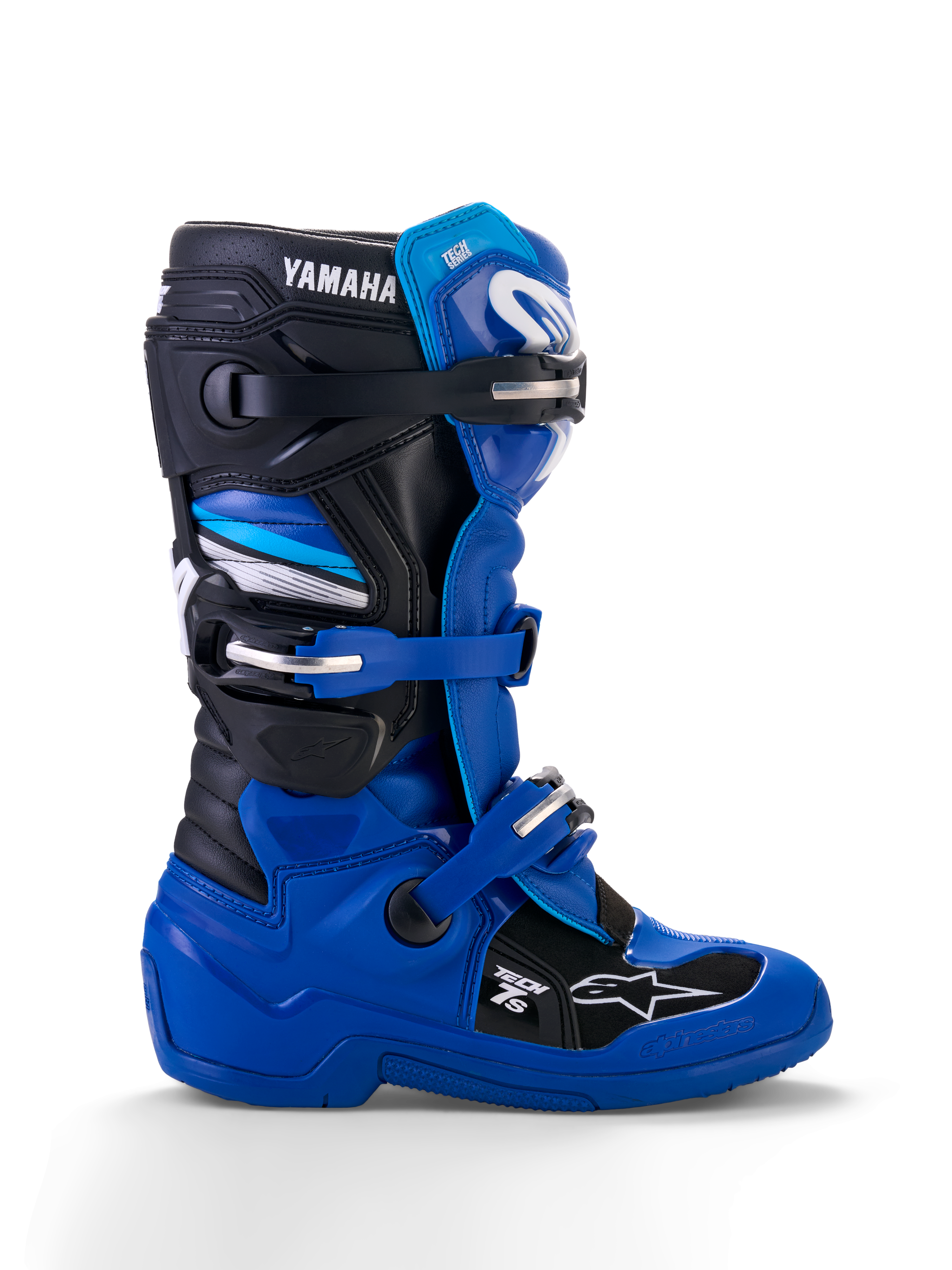 Alpinestars Yamaha Youth Tech 7S Stiefel, Motocross-Stiefel, Blau, Schwarz und Weiß, Seitenansicht mit verstellbaren Schnallen, TPU-Schutz, Yamaha-Branding und verstärkter Sohle für Offroad-Performance