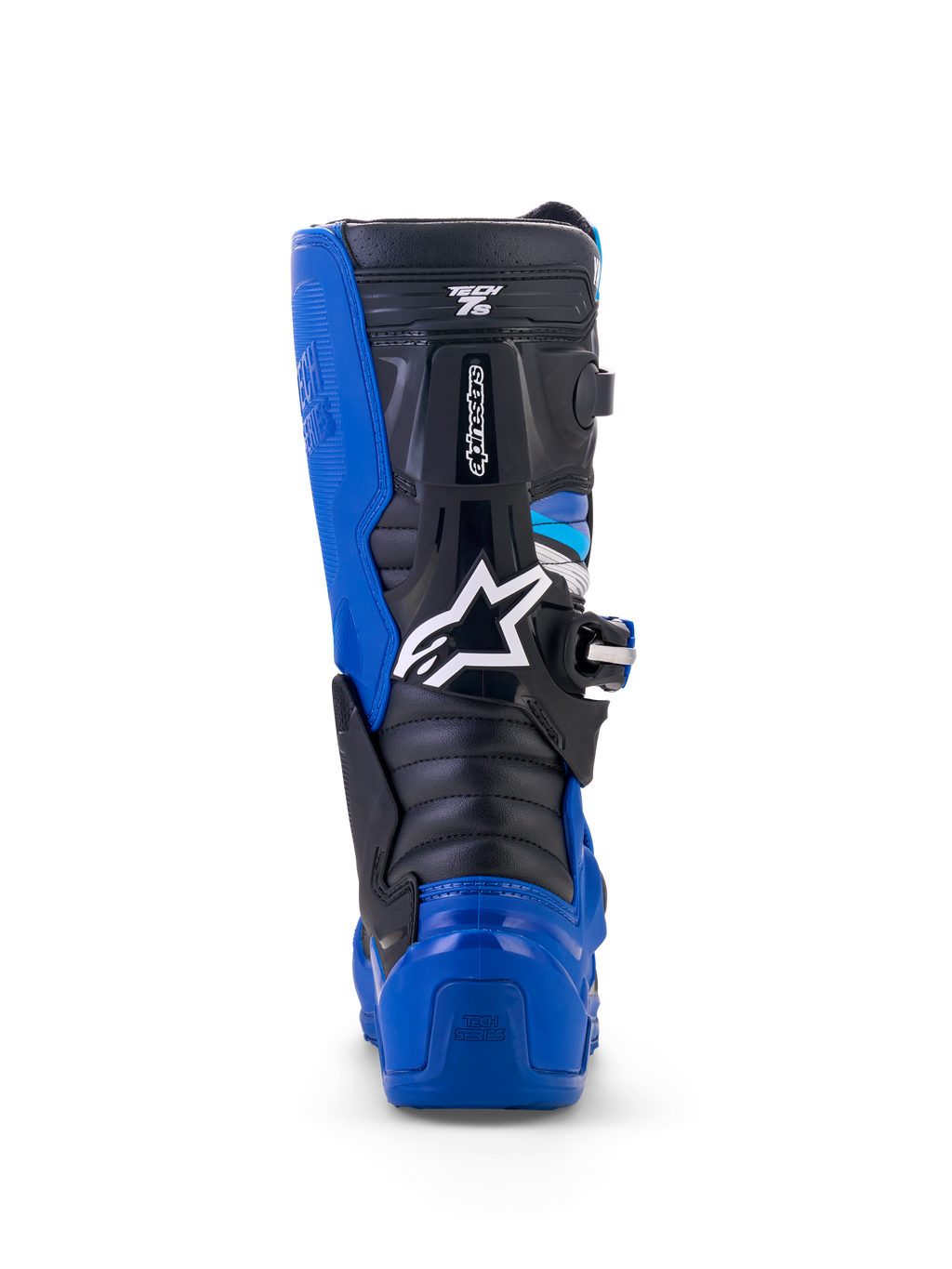 Alpinestars Yamaha Youth Tech 7S Stiefel, Motocross-Stiefel, Blau, Schwarz und Weiß, Rückansicht mit Hervorhebung von TPU-Fersen- und Wadenschutz, weißem Stern-Logo und robustem Gelenksystem-Design
