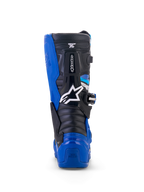 Alpinestars Yamaha Youth Tech 7S Stiefel, Motocross-Stiefel, Blau, Schwarz und Weiß, Rückansicht mit Hervorhebung von TPU-Fersen- und Wadenschutz, weißem Stern-Logo und robustem Gelenksystem-Design