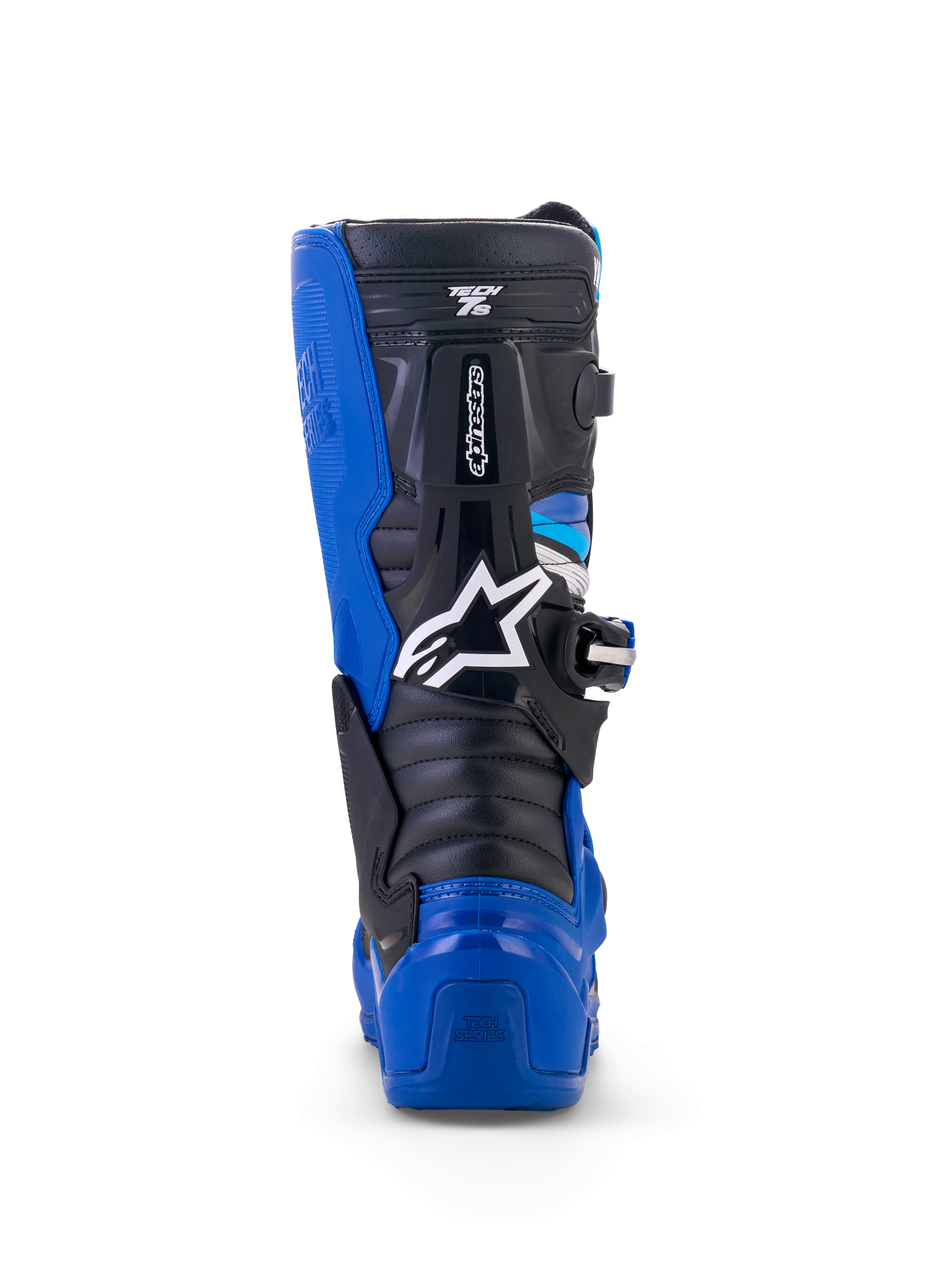 Alpinestars Yamaha Youth Tech 7S Stiefel, Motocross-Stiefel, Blau, Schwarz und Weiß, Rückansicht mit Hervorhebung von TPU-Fersen- und Wadenschutz, weißem Stern-Logo und robustem Gelenksystem-Design