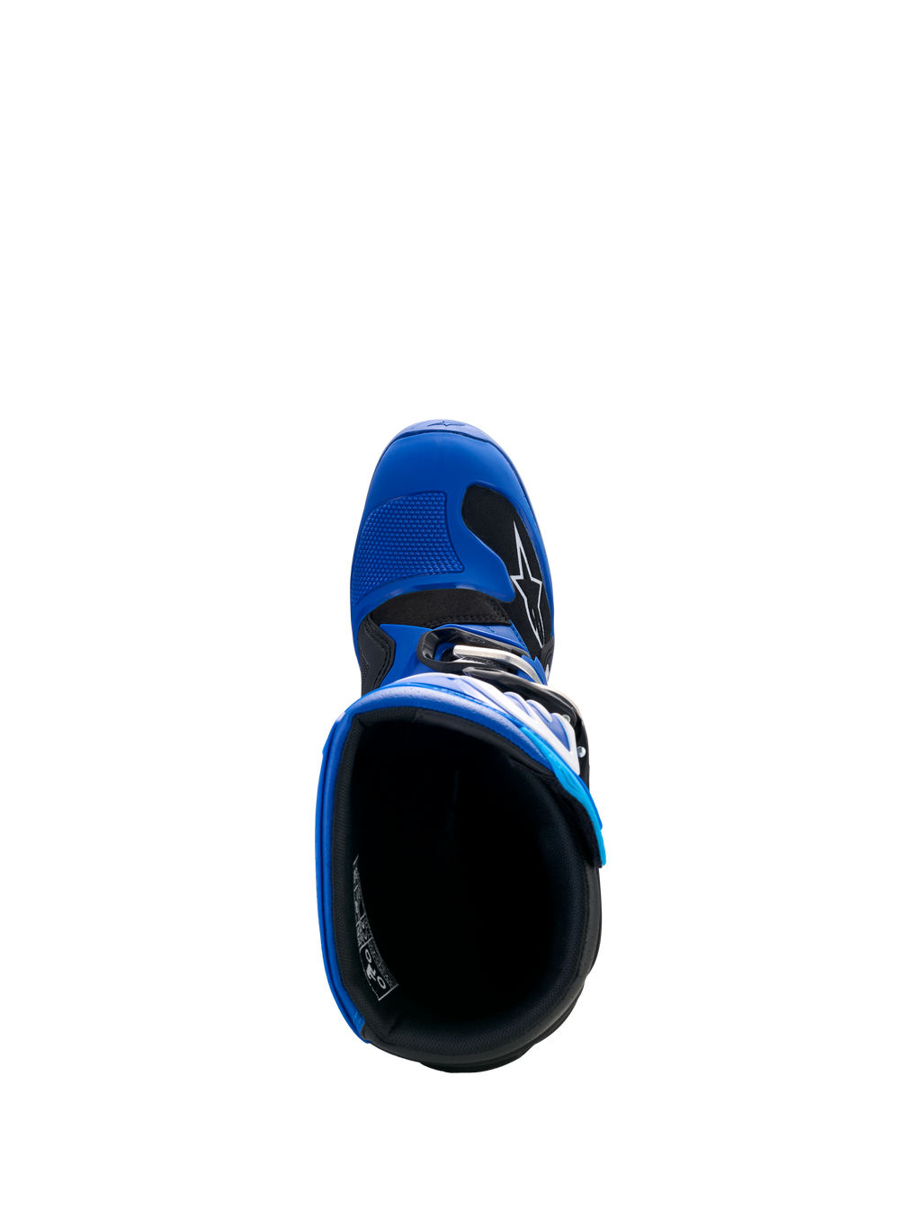 Alpinestars Yamaha Youth Tech 7S Stiefel, Blau, Schwarz und Weiß, Draufsicht mit Blick in den Stiefel, zeigt das Innenfutter und die TPU-Zehenbox mit Schaltverstärkung, Motocross-Schutzstiefel für Jugendliche