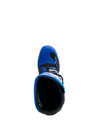 Alpinestars Yamaha Youth Tech 7S Stiefel, Blau, Schwarz und Weiß, Draufsicht mit Blick in den Stiefel, zeigt das Innenfutter und die TPU-Zehenbox mit Schaltverstärkung, Motocross-Schutzstiefel für Jugendliche