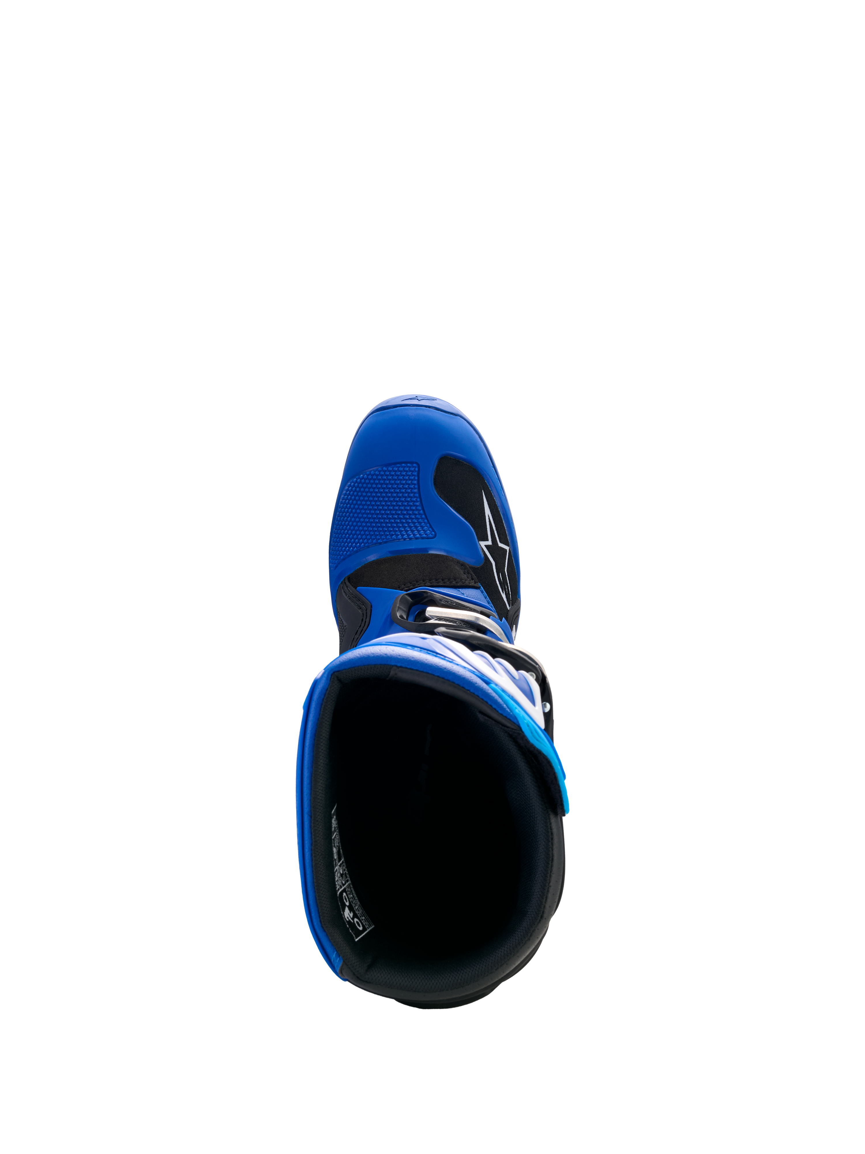 Alpinestars Yamaha Youth Tech 7S Stiefel, Blau, Schwarz und Weiß, Draufsicht mit Blick in den Stiefel, zeigt das Innenfutter und die TPU-Zehenbox mit Schaltverstärkung, Motocross-Schutzstiefel für Jugendliche