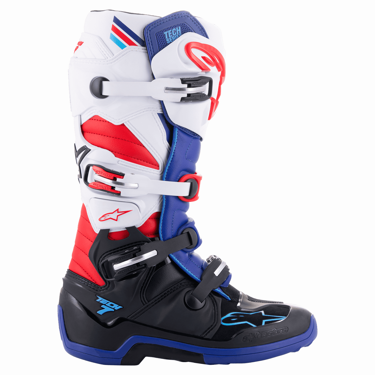 Alpinestars Tech 7 Stiefel, Motocross-Offroad-Stiefel, Rot, Weiß, Blau und Schwarz, vier verstellbare Schnallenriemen, TPU-Schutzpaneele, strapazierfähige Gummisohle und Alpinestars Stern-Logo