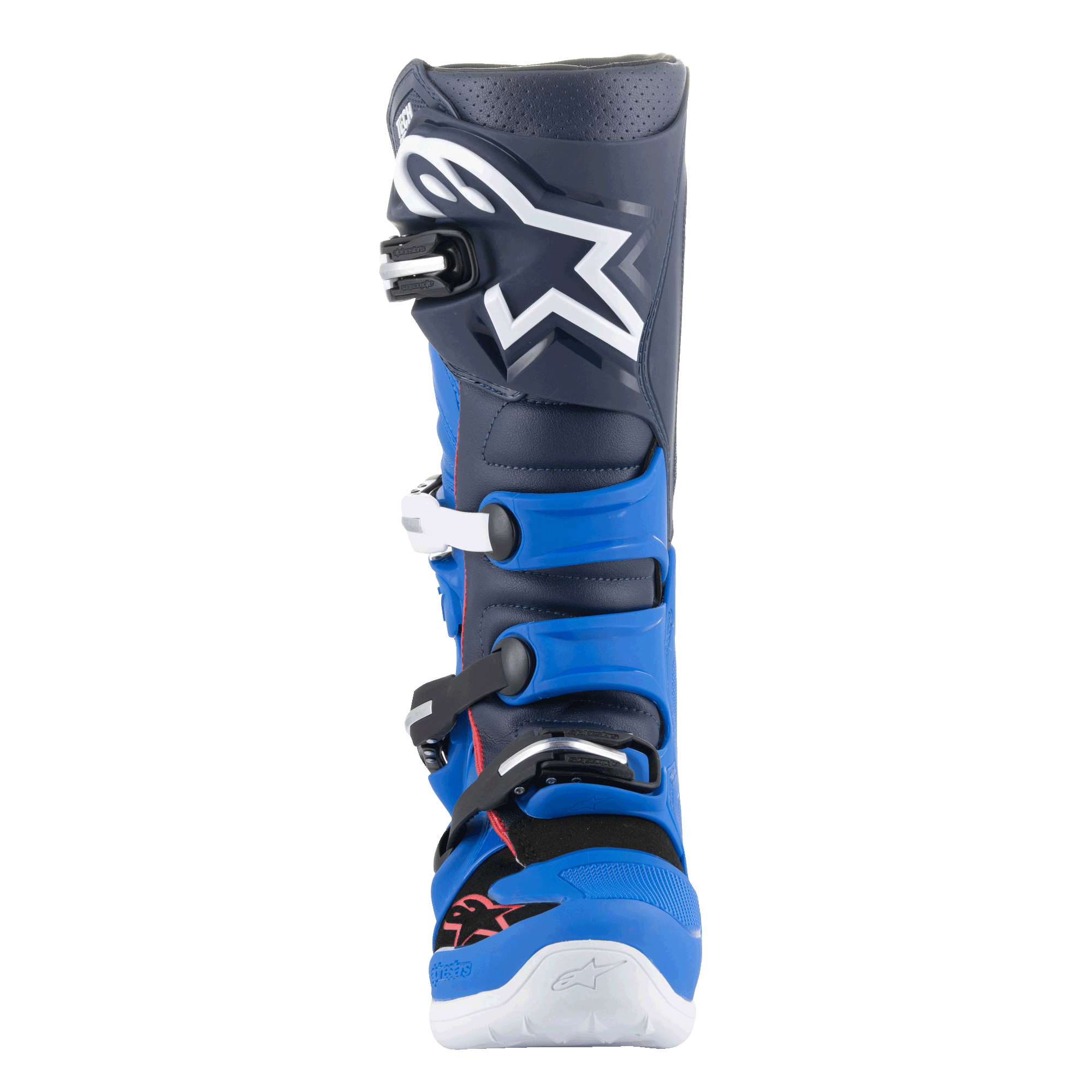 Alpinestars Tech 7 Stiefel, Motocross-Stiefel, Alpine Blue, Night Navy und Bright Red, Vorderansicht mit dunkelblauem Obermaterial, einem großen weißen Astars-Logo, hellblauen TPU-Schutzpaneelen und einem Schnallenverschlusssystem, Hochleistungsschuhwerk für den Offroad-Einsatz.