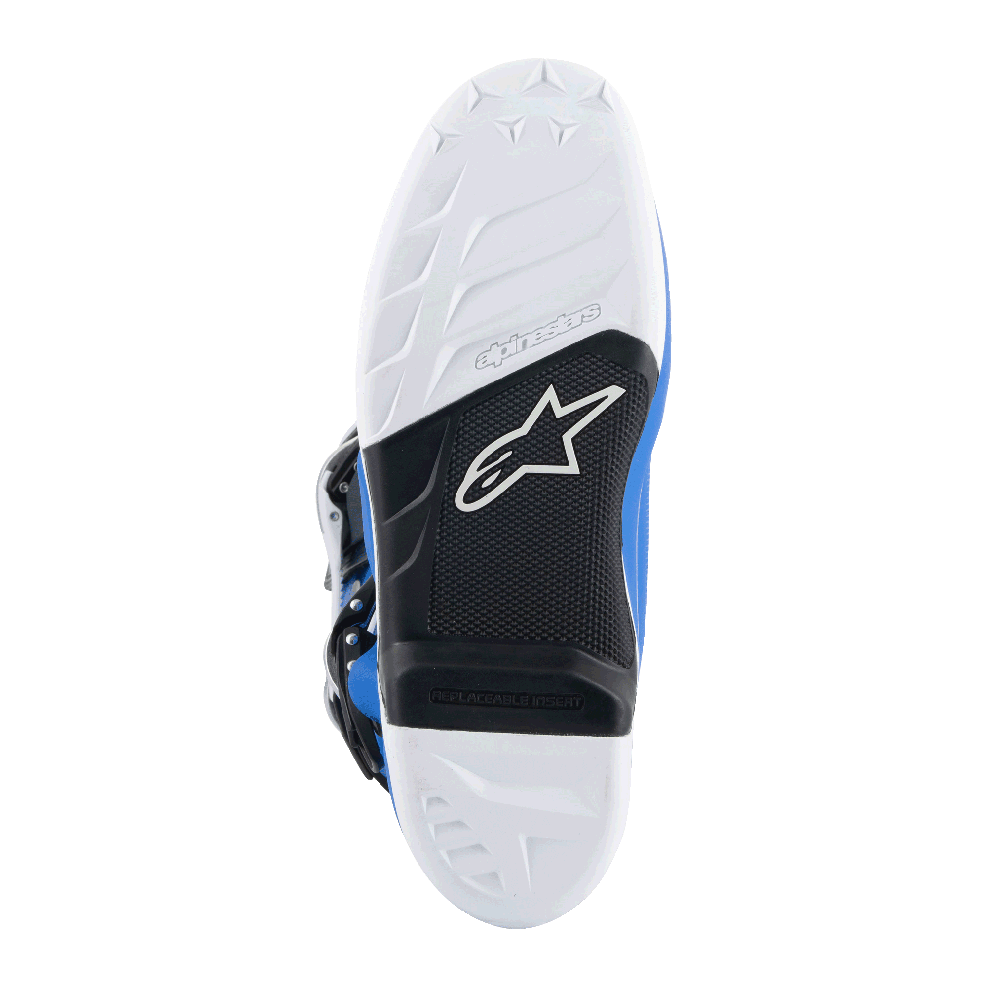 Alpinestars Tech 7 Stiefel, Motocross-Stiefel, Alpin-Blau und Weiß, Unteransicht der Sohle mit weißem Profilmuster, schwarzer Mittelfußbereich mit austauschbarem Fußrasteneinsatz und Alpinestars-Logo, strapazierfähige Gummimischung für Offroad-Rennsport