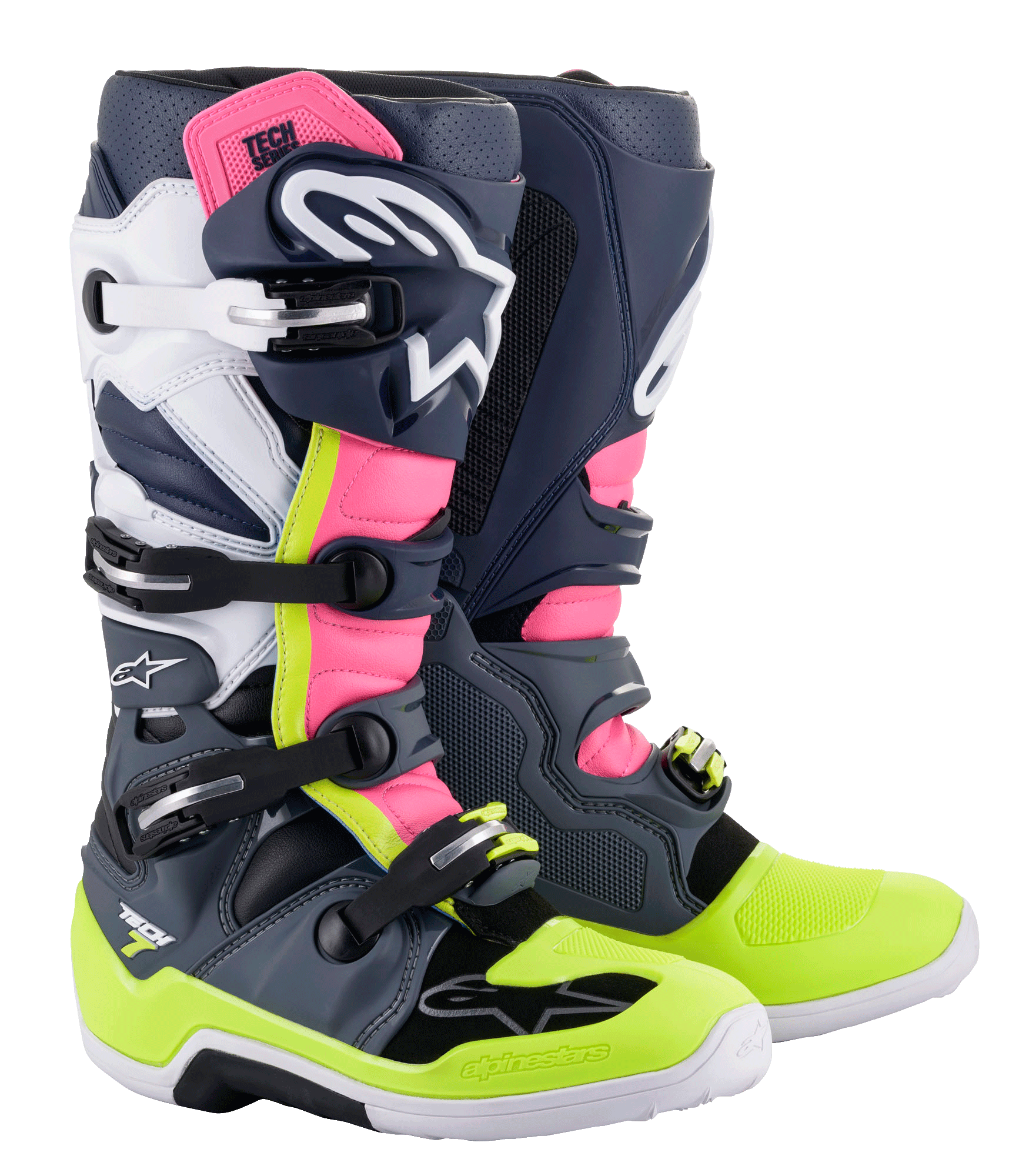 Alpinestars Tech 7 Stiefel, Motocross-Stiefel, Dunkelgrau, Dunkelblau, Pink Fluo und Neongelb, mit Multi-Schnallen-Verschlusssystem, TPU-Schutzpaneelen und Alpinestars-Branding für Offroad-Rennsport