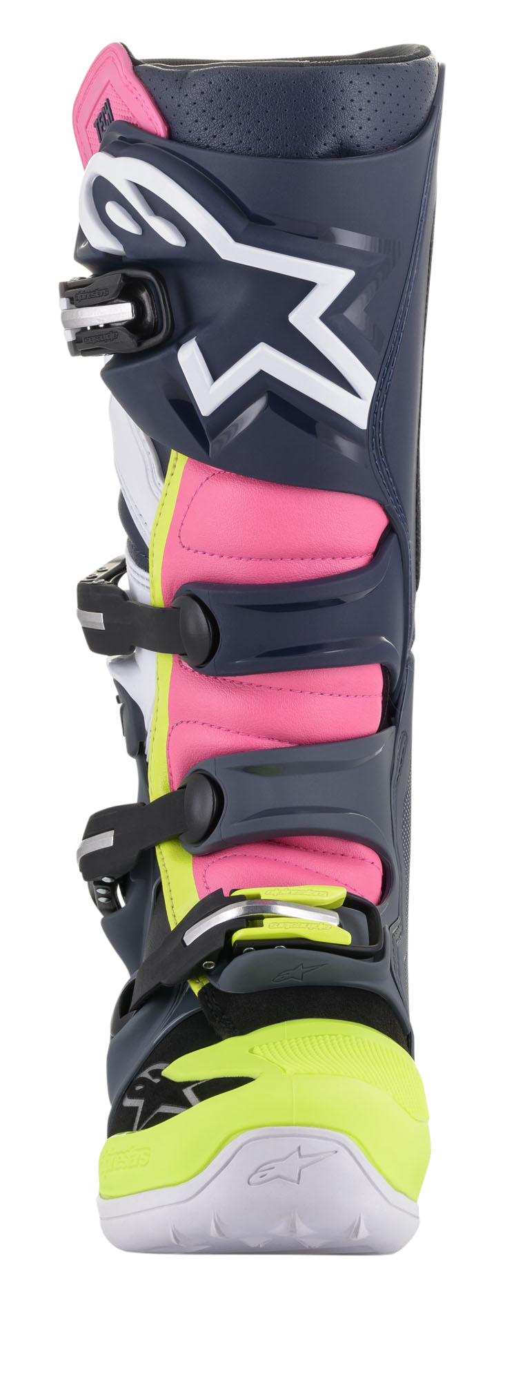 Alpinestars Tech 7 Stiefel, Motocross-Stiefel, Dunkelgrau, Dunkelblau und Pink Fluo, Rückansicht mit Fokus auf das Schnallensystem und die pinkfarbenen Akkordeon-Einsätze, leistungsstarkes Schutzdesign für den Offroad-Einsatz