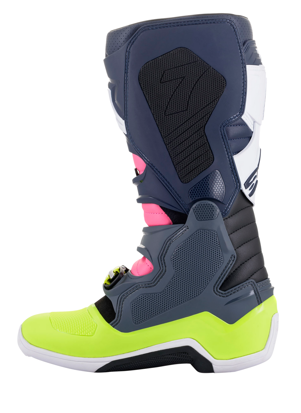 Alpinestars Tech 7 Stiefel, Motocross-Stiefel, Dunkelgrau, Dunkelblau, Pink Fluo und Neongelb, Seitenansicht, mit innovativem Schnallenverschlusssystem und biomechanischem Knöchelschutz, Hochleistungs-Offroad-Fußbekleidung