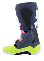 Alpinestars Tech 7 Stiefel, Motocross-Stiefel, Dunkelgrau, Dunkelblau, Pink Fluo und Neongelb, Seitenansicht, mit innovativem Schnallenverschlusssystem und biomechanischem Knöchelschutz, Hochleistungs-Offroad-Fußbekleidung