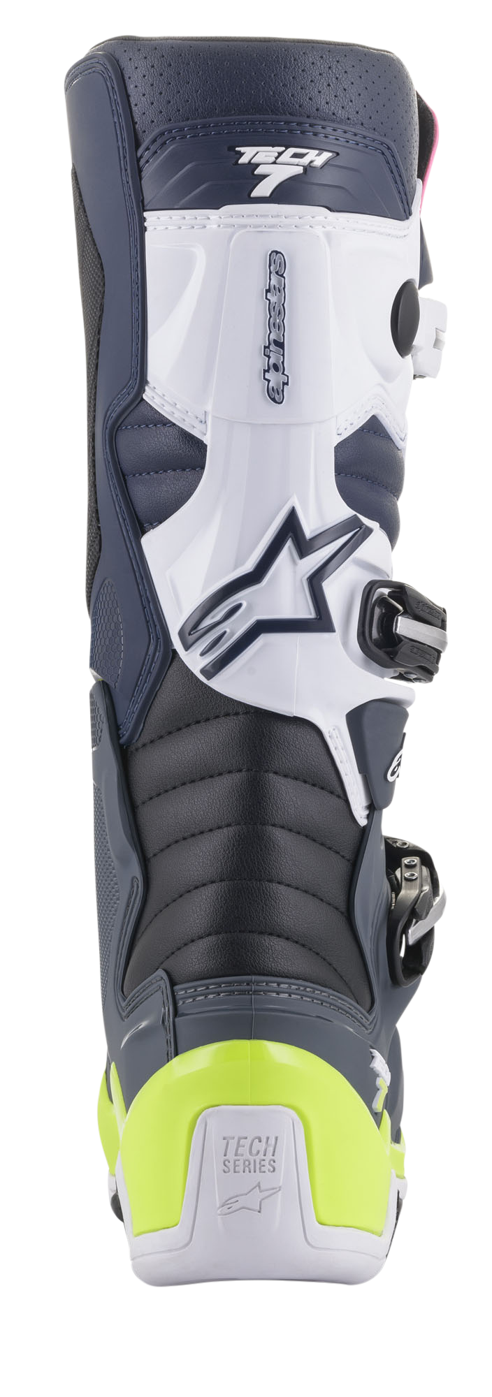 Alpinestars Tech 7 Stiefel, Motocross-Stiefel, Rückansicht in Dunkelblau, Weiß und Dunkelgrau mit leuchtend gelb-fluoreszierendem Fersenschutz, Akkordeon-Flexzonen und Tech Series-Branding.