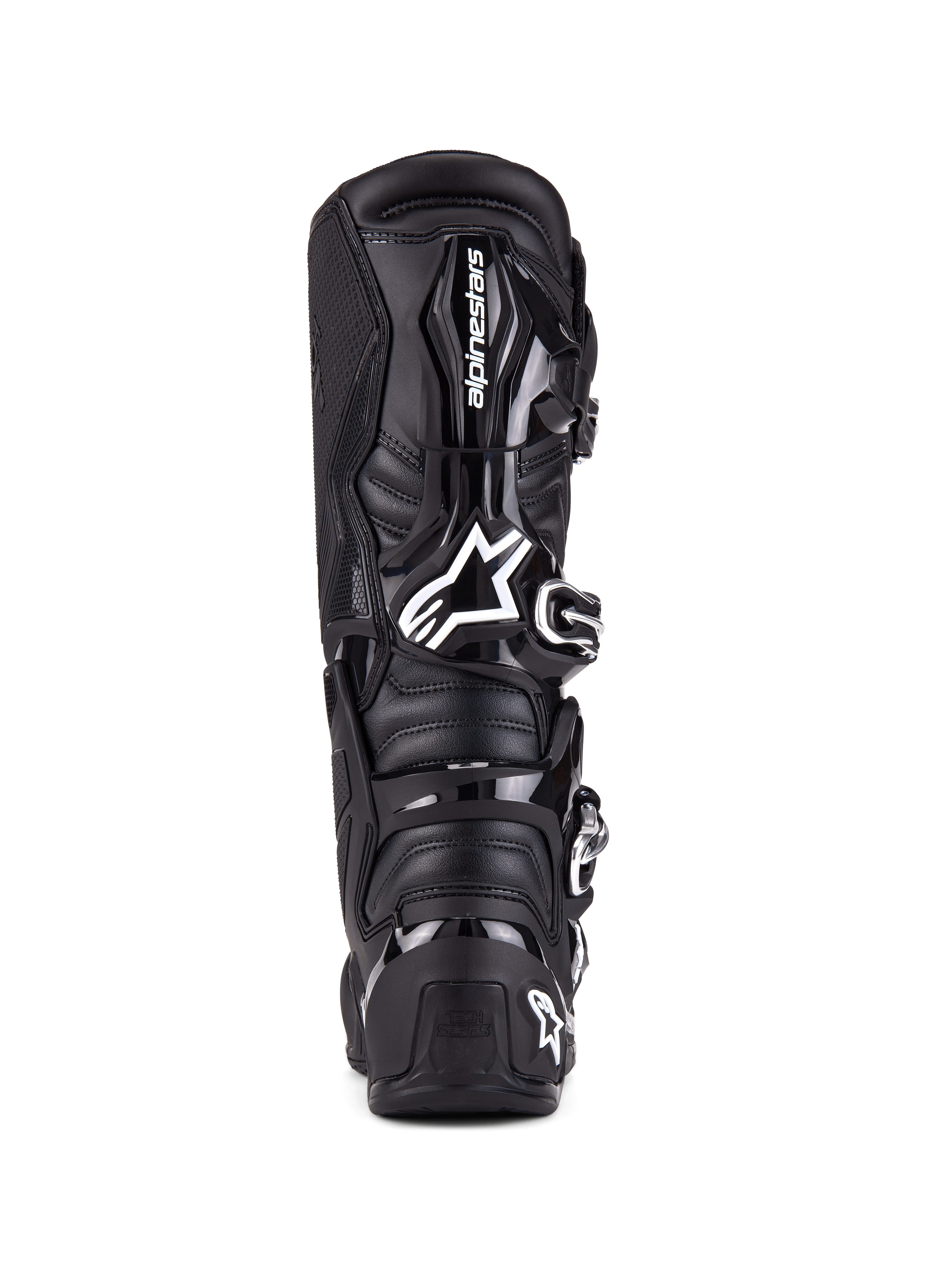 Alpinestars Tech 7 Stiefel, Motocross-Stiefel, Schwarz, Rückansicht mit TPU-Schutz, Schnallenverschlusssystem und charakteristischem Logo