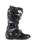 Alpinestars Tech 7 Stiefel, Motocross-Offroad-Stiefel, Schwarz mit silbernen Schnallen und weißen Akzenten, Seitenprofil mit vier Aluminium-Schnellverschlüssen, strapazierfähige TPU-Schale und strukturierte Panels für Offroad-Schutz
