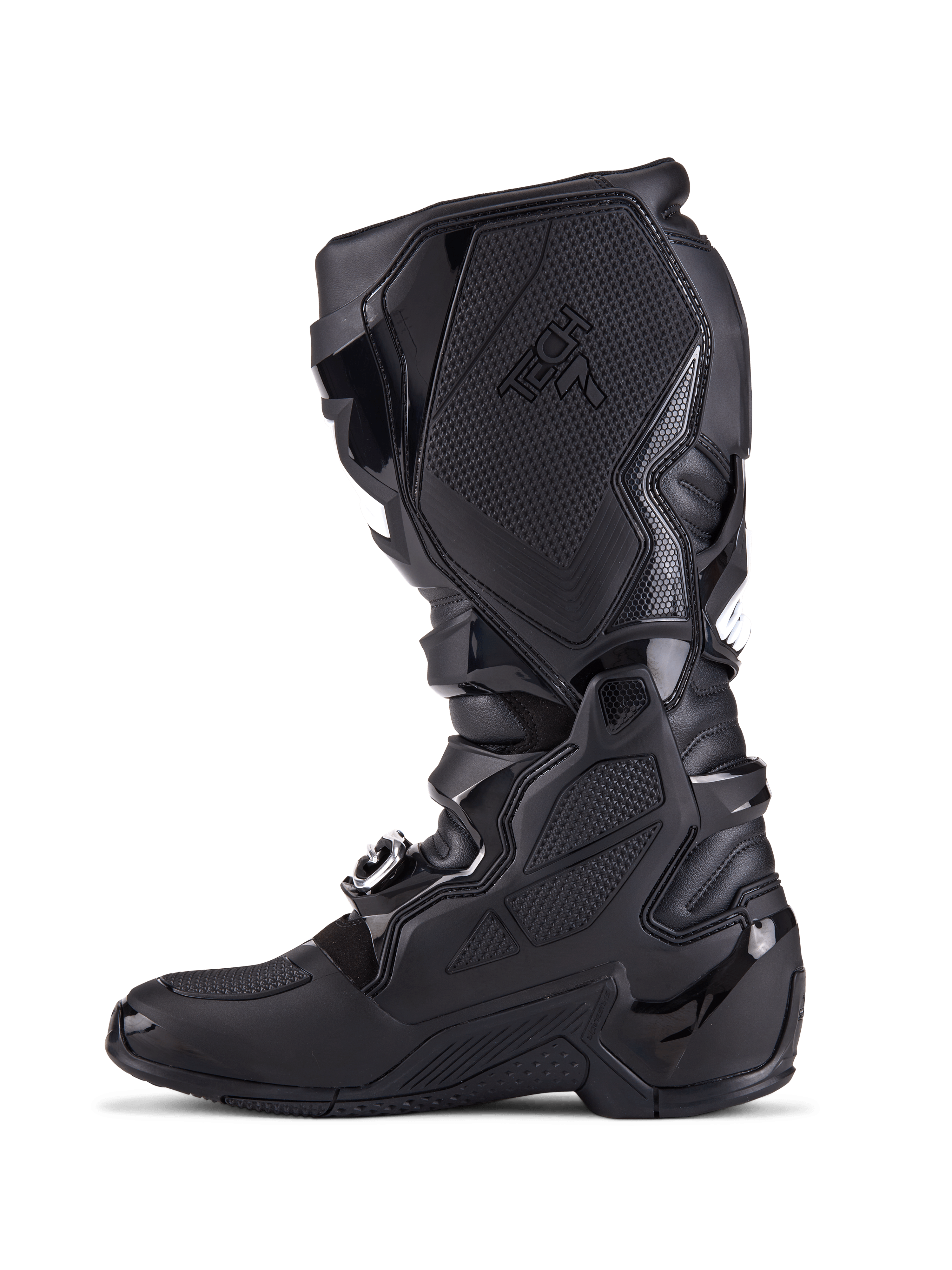 Alpinestars Tech 7 Stiefel, Motocross-Stiefel, Komplett Schwarz, Seitenprofilansicht zeigt TPU-Schutzplatten, Schnallenverschlusssystem und strukturierte Grip-Paneele, professionelles Offroad-Schuhwerk
