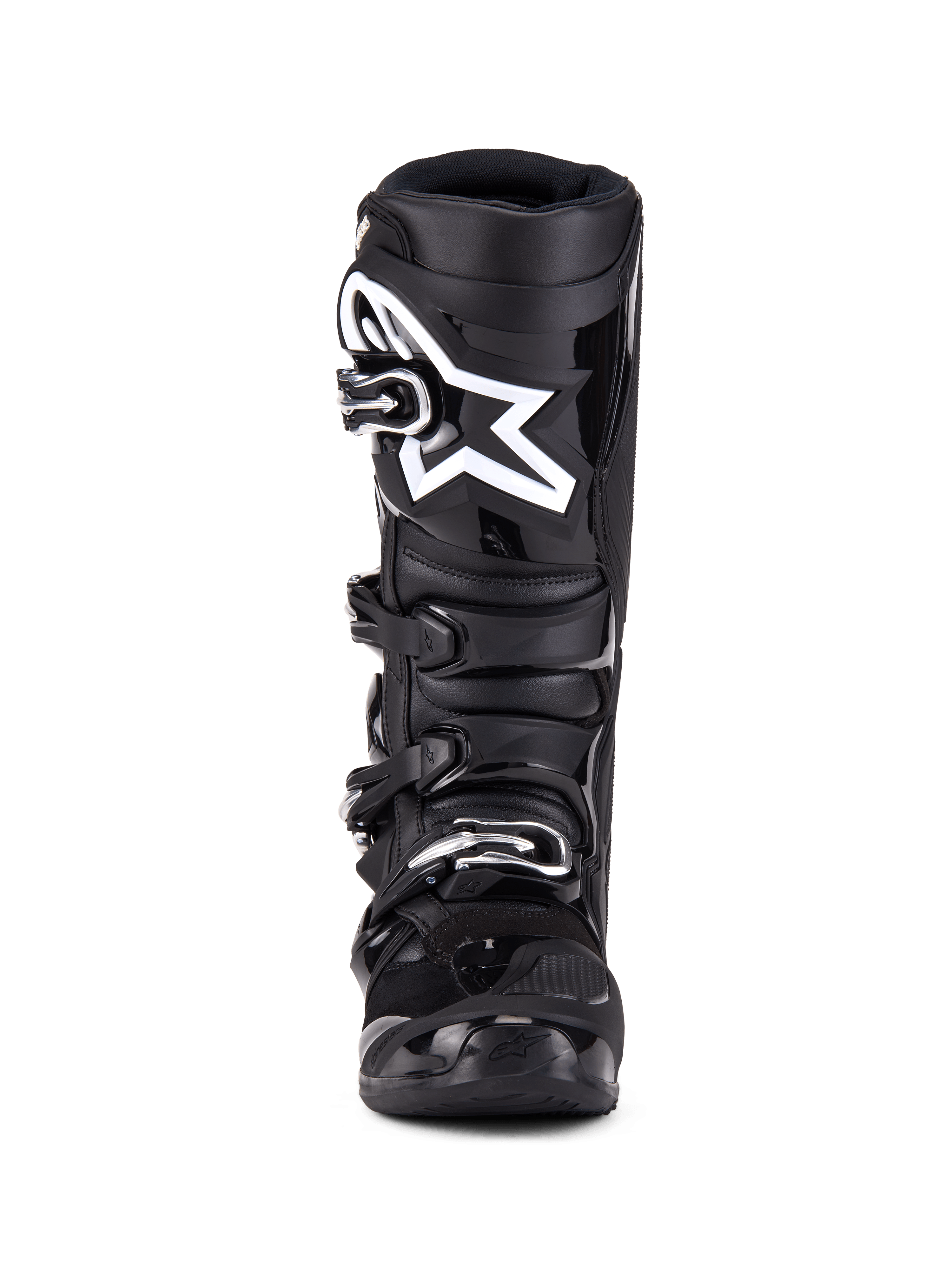 Alpinestars Tech 7 Stiefel, Motocross-Stiefel, Schwarz, Vorderansicht mit einem Vier-Schnallen-Verschlusssystem, markantes weißes Alpinestars Stern-Logo auf der Schienbeinplatte, strapazierfähige TPU-Schale und verstärkter Schutz für Offroad-Rennen