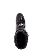 Alpinestars Tech 7 Stiefel, Motocross-Stiefel, Schwarz, Draufsicht mit Blick in das Innenfutter, mit silbernem Schnallenverschluss und verstärktem Zehenbereich, professionelles Offroad-Rennschuhwerk