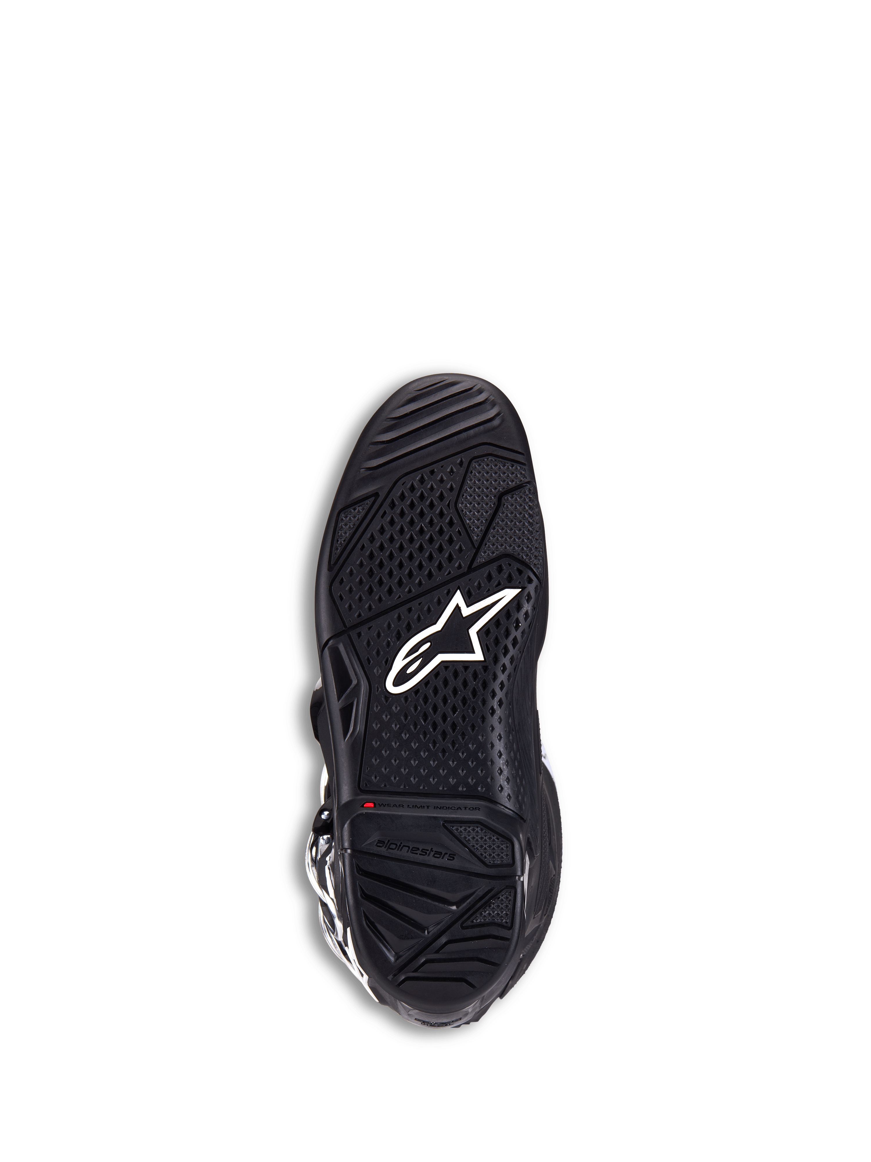Alpinestars Tech 7 Stiefel, Motocross-Stiefel, Schwarz, Sohlenansicht mit weißem Stern-Logo, strukturierter Zweikomponenten-Gummi für maximalen Grip, roter Verschleißanzeiger