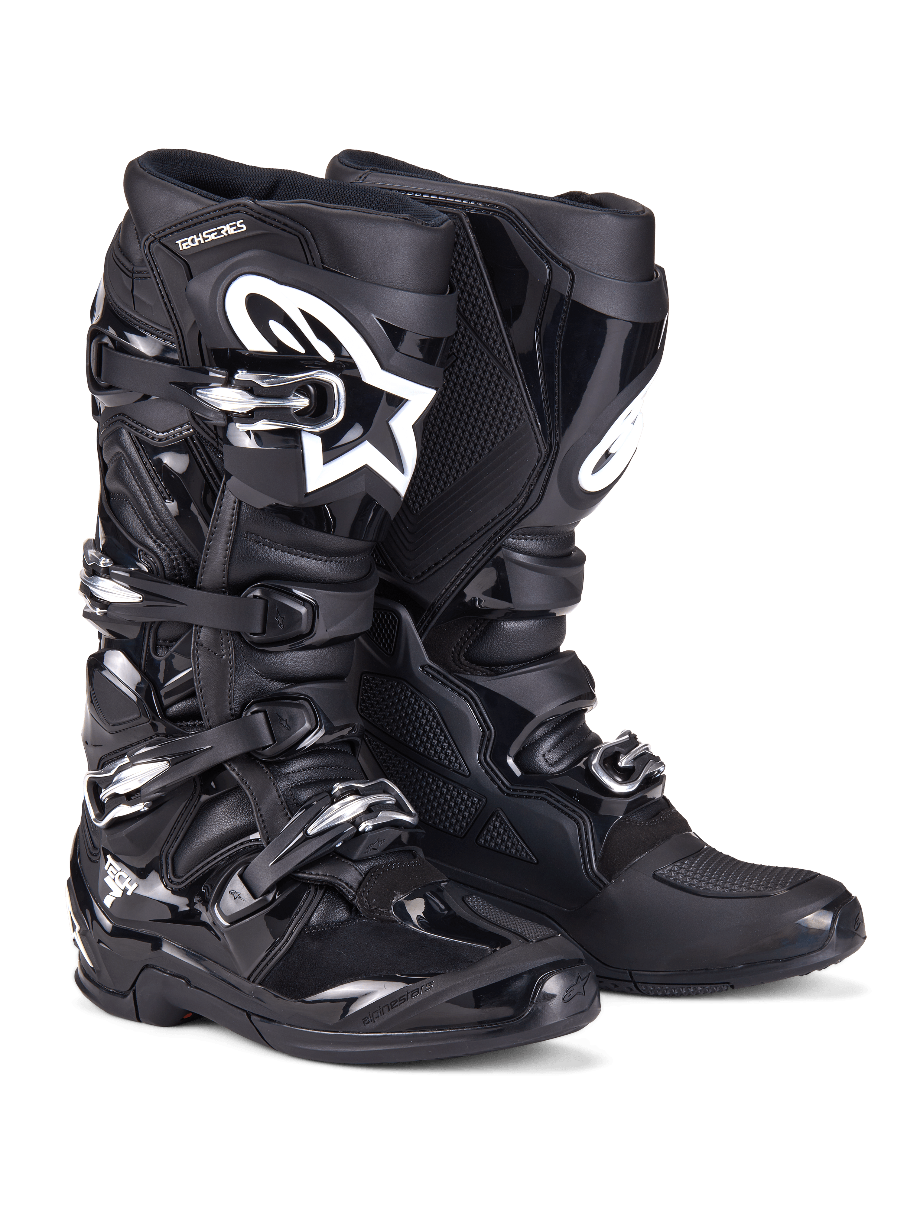 Alpinestars Tech 7 Stiefel, Motocross-Stiefel, Schwarz, robuste Konstruktion mit Vier-Schnallen-Verschlusssystem, TPU-Schutzpaneelen und weißem Alpinestars-Logo im Schienbeinbereich, professionelles Offroad-Schuhwerk für den Geländesport