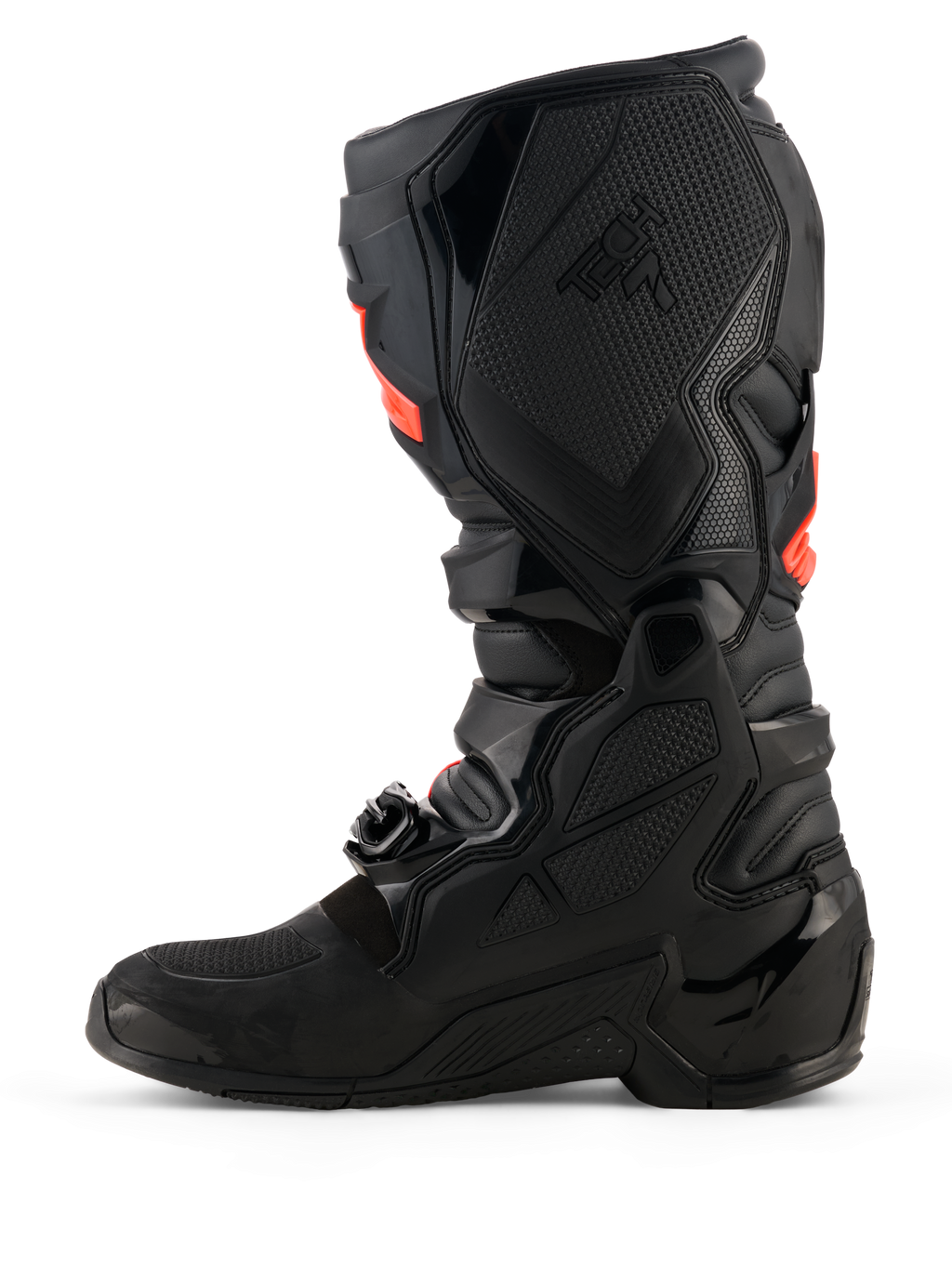 Alpinestars Tech 7 Stiefel, Motocross-Stiefel, Schwarz mit Red Fluo Akzenten, mediale Seitenansicht mit TPU-Schutzschalen, Schnallensystem und texturierten Grip-Einsätzen für Offroad-Performance