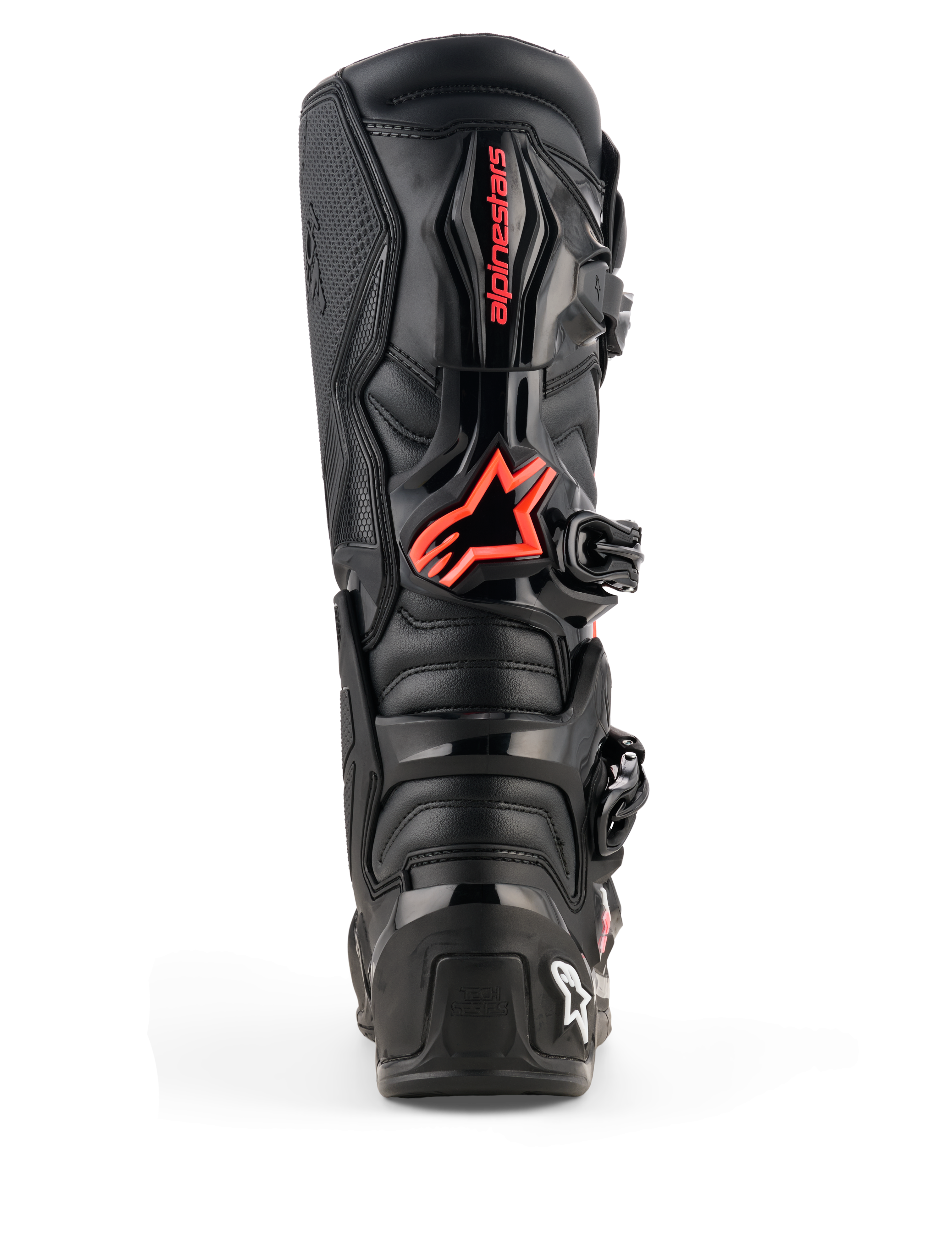 Alpinestars Tech 7 Stiefel, Motocross-Stiefel, Schwarz und Fluorot, Rückansicht mit schützenden TPU-Platten, rotes Alpinestars-Logo an der Wade und strapazierfähige Konstruktion für Offroad-Performance