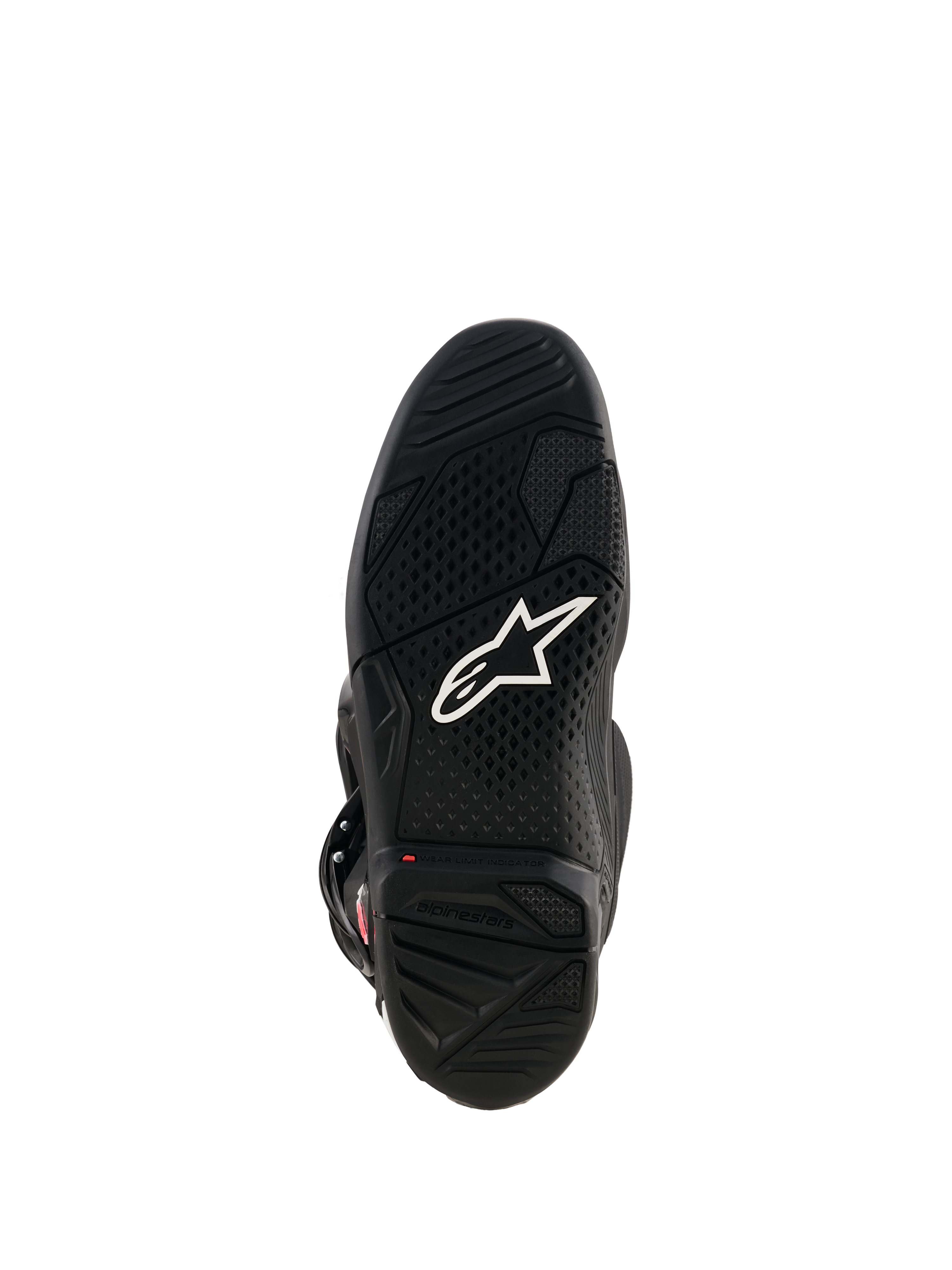 Alpinestars Tech 7 Stiefel, Ansicht der schwarzen Gummisohle, mit weißem Astar-Logo, strukturiertem Profil und roter Verschleißgrenzen-Anzeige für Motocross-Performance.