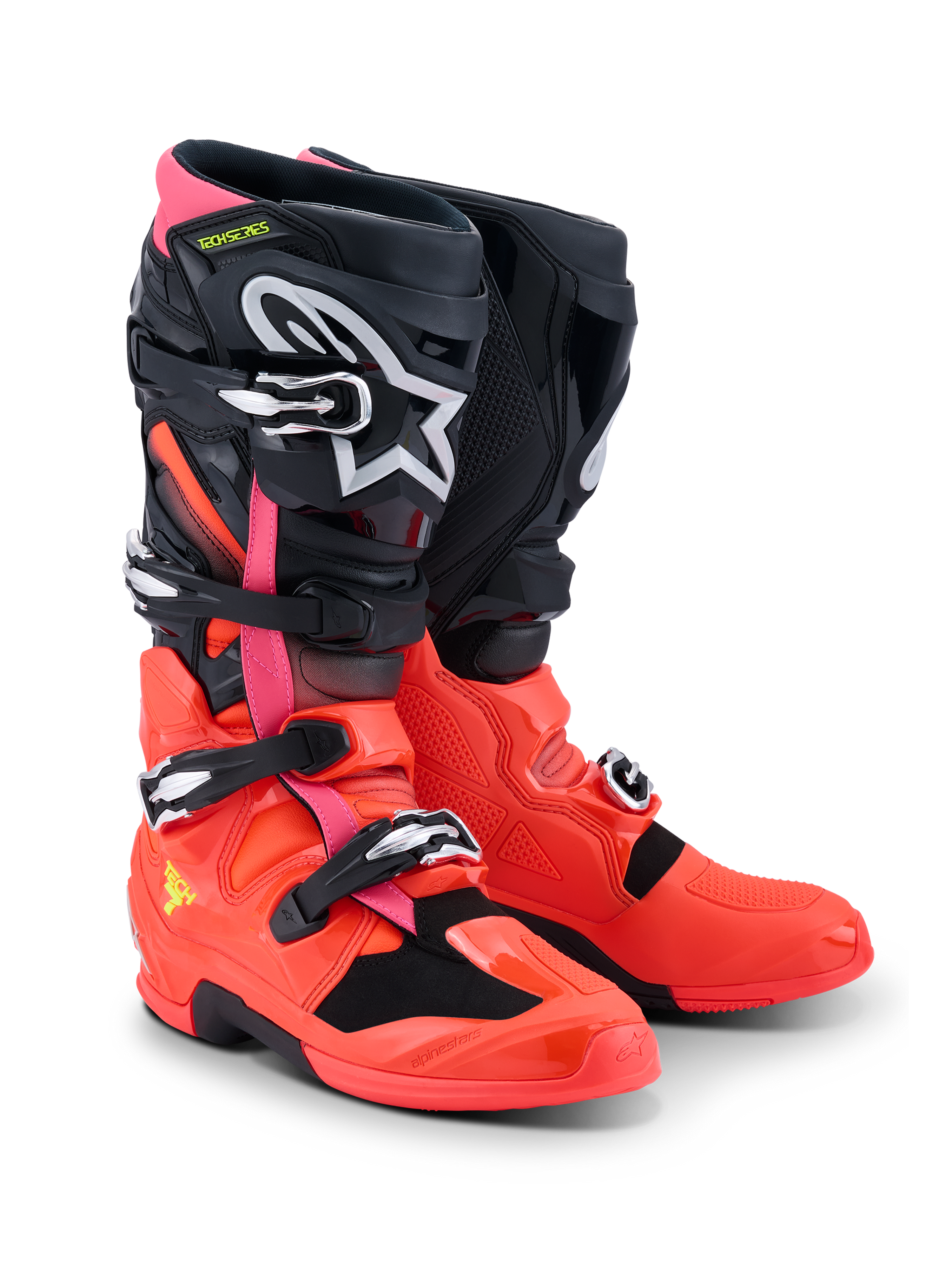Alpinestars Tech 7 Stiefel, Motocross-Stiefel, Schwarz, Rot Fluo und Pink Fluo, mit Schnellverschlussschnallen, Doppel-Drehpunktsystem und TPU-Schutzschale, strapazierfähige Performance-Ausrüstung für Offroad-Fahrten