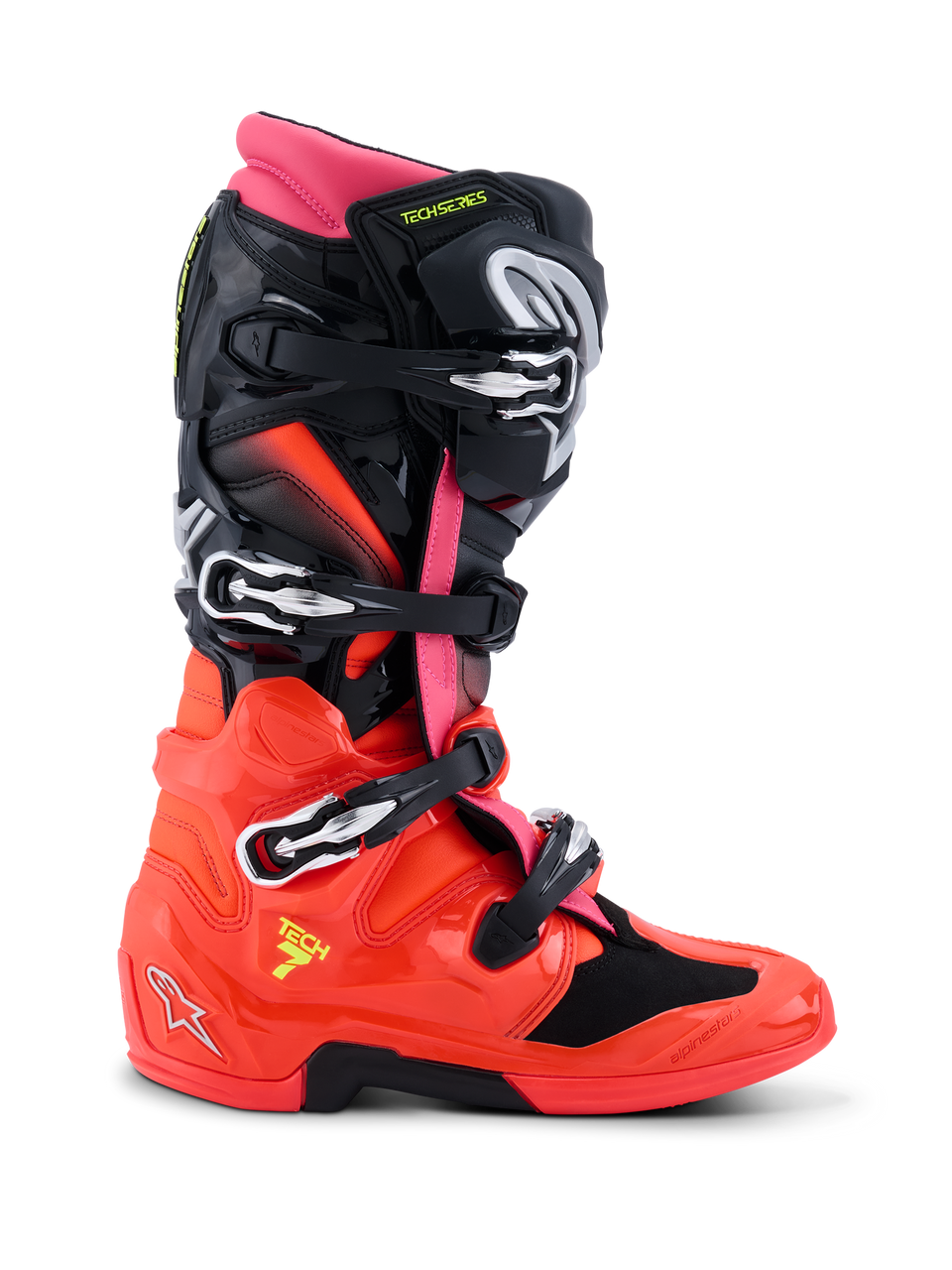 Alpinestars Tech 7 Stiefel, Motocross-Stiefel, Schwarz, Rot Fluo und Pink Fluo, Seitenprofil mit technischem Design, Schnellverschlussschnallen, glänzender TPU-Unterschale und Doppel-Drehpunktsystem für den Offroad-Rennsport