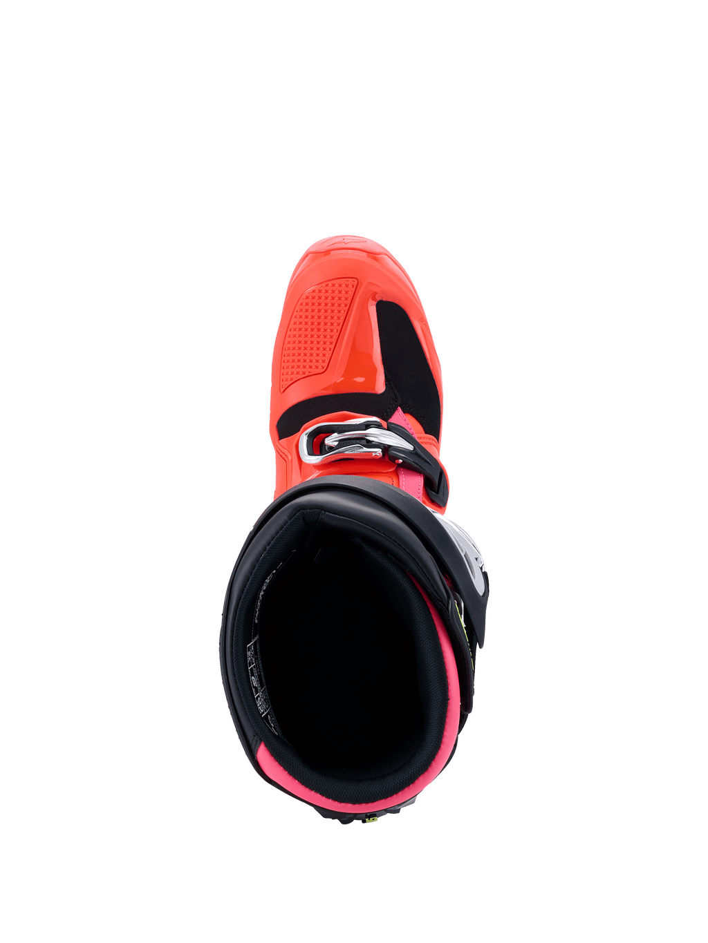 Alpinestars Tech 7 Stiefel, MX26 Kollektion, Motocross-Stiefel, Schwarz, Rot Fluo und Pink Fluo, Draufsicht mit Blick in die Innenöffnung, mit leuchtend pinkem Innenfutter und rot fluoreszierender Außenschale mit Schnallenverschluss.