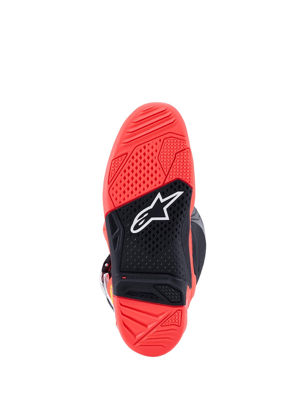 Alpinestars Tech 7 Stiefel, Ansicht der Außensohle, Leuchtendes Fluoreszierendes Rot und Schwarz, mit strukturierter Zwei-Komponenten-Gummisohle, weißem Alpinestars Stern-Logo und Verschleißindikator
