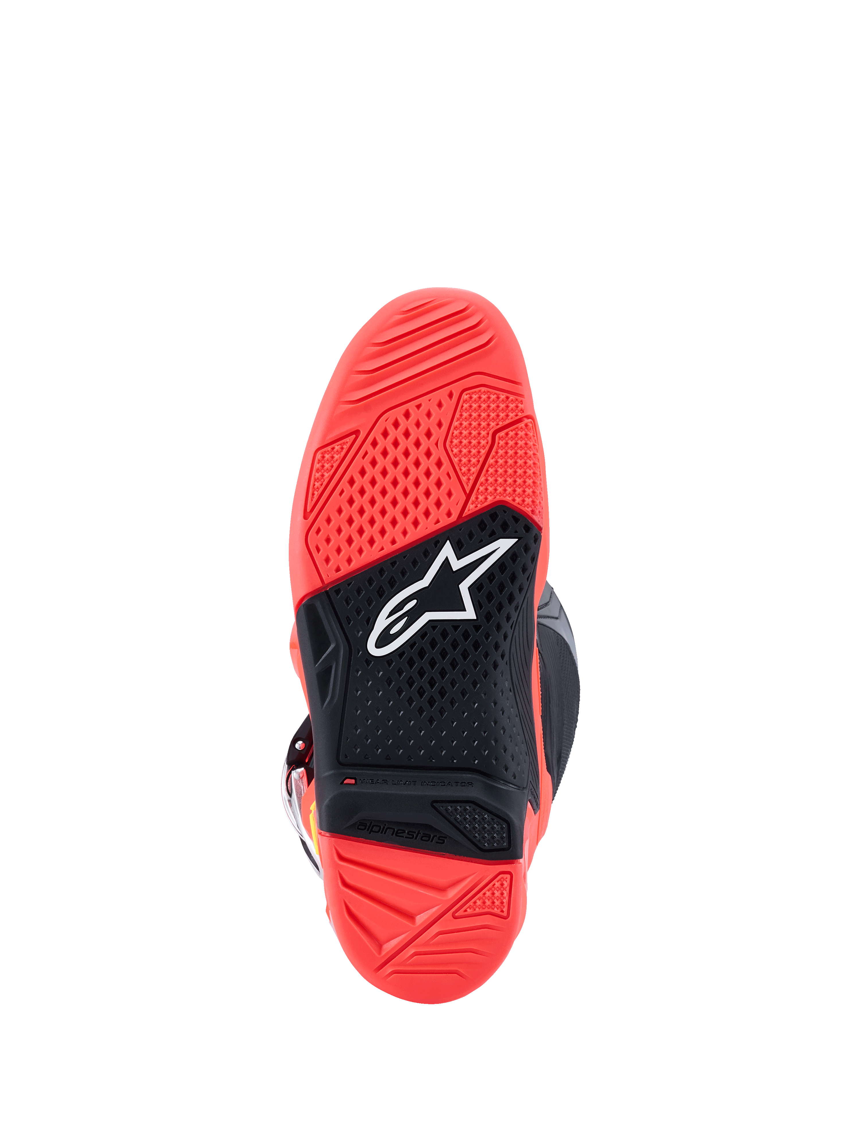 Alpinestars Tech 7 Stiefel, Ansicht der Außensohle, Leuchtendes Fluoreszierendes Rot und Schwarz, mit strukturierter Zwei-Komponenten-Gummisohle, weißem Alpinestars Stern-Logo und Verschleißindikator