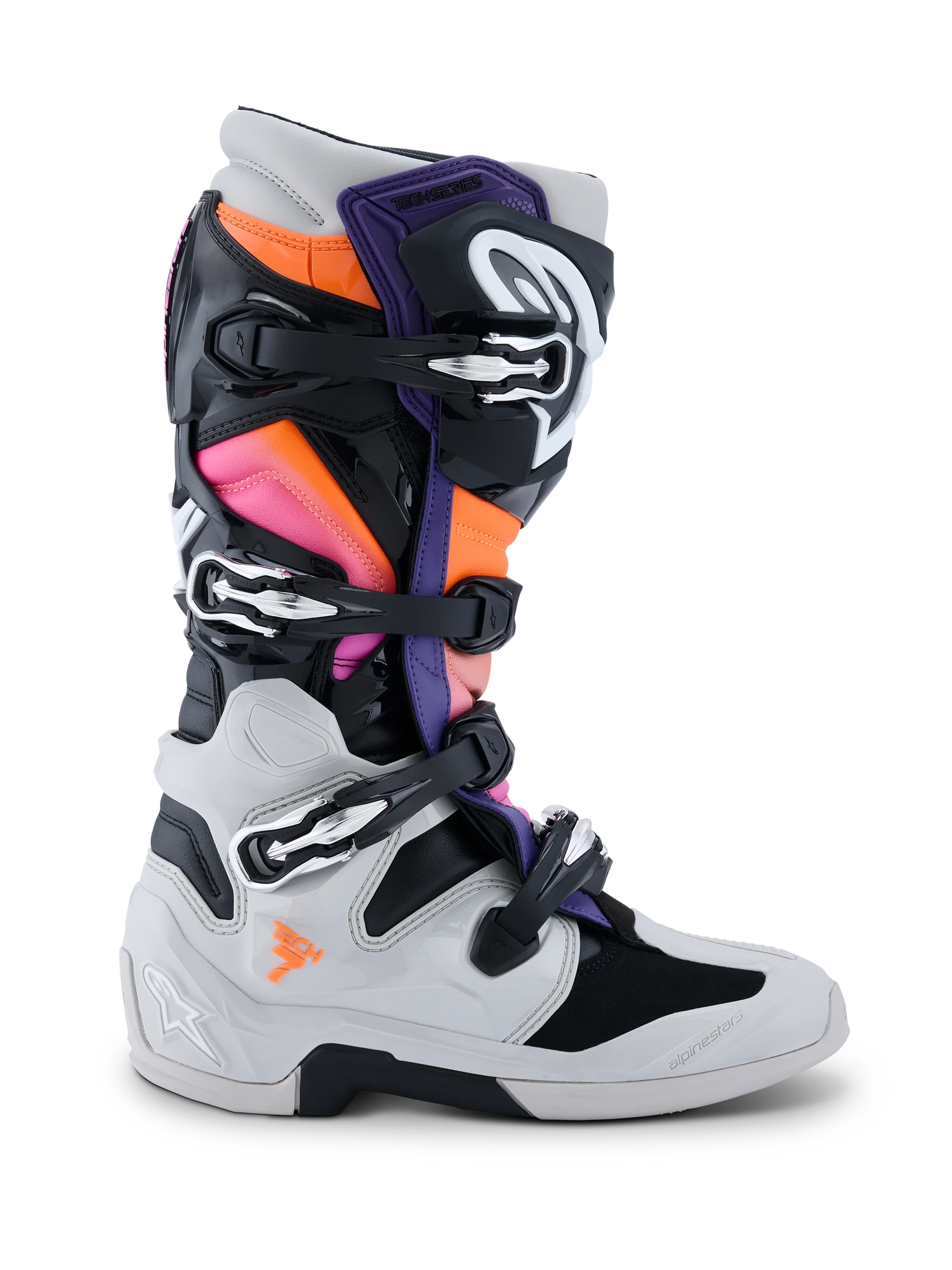 Alpinestars Tech 7 Boots, Motocross Boots, Black Light Gray Orange Fluo and Magenta, side view, featuring a multi-buckle closure system, TPU protective shell, and vibrant color panels for off-road racing