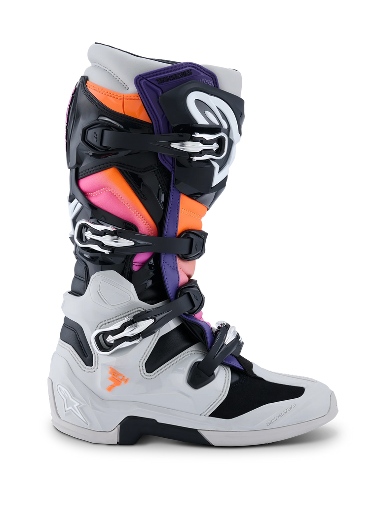 Alpinestars Tech 7 Boots, Motocross Boots, Black Light Gray Orange Fluo and Magenta, side view, featuring a multi-buckle closure system, TPU protective shell, and vibrant color panels for off-road racing
