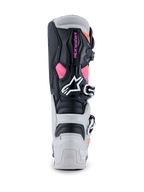 Alpinestars Tech 7 Boots, Motocross Boots, Black Light Gray Orange Fluo and Magenta, rear view showing the TPU heel and calf protectors, pink Alpinestars branding, white logo, and durable buckle system