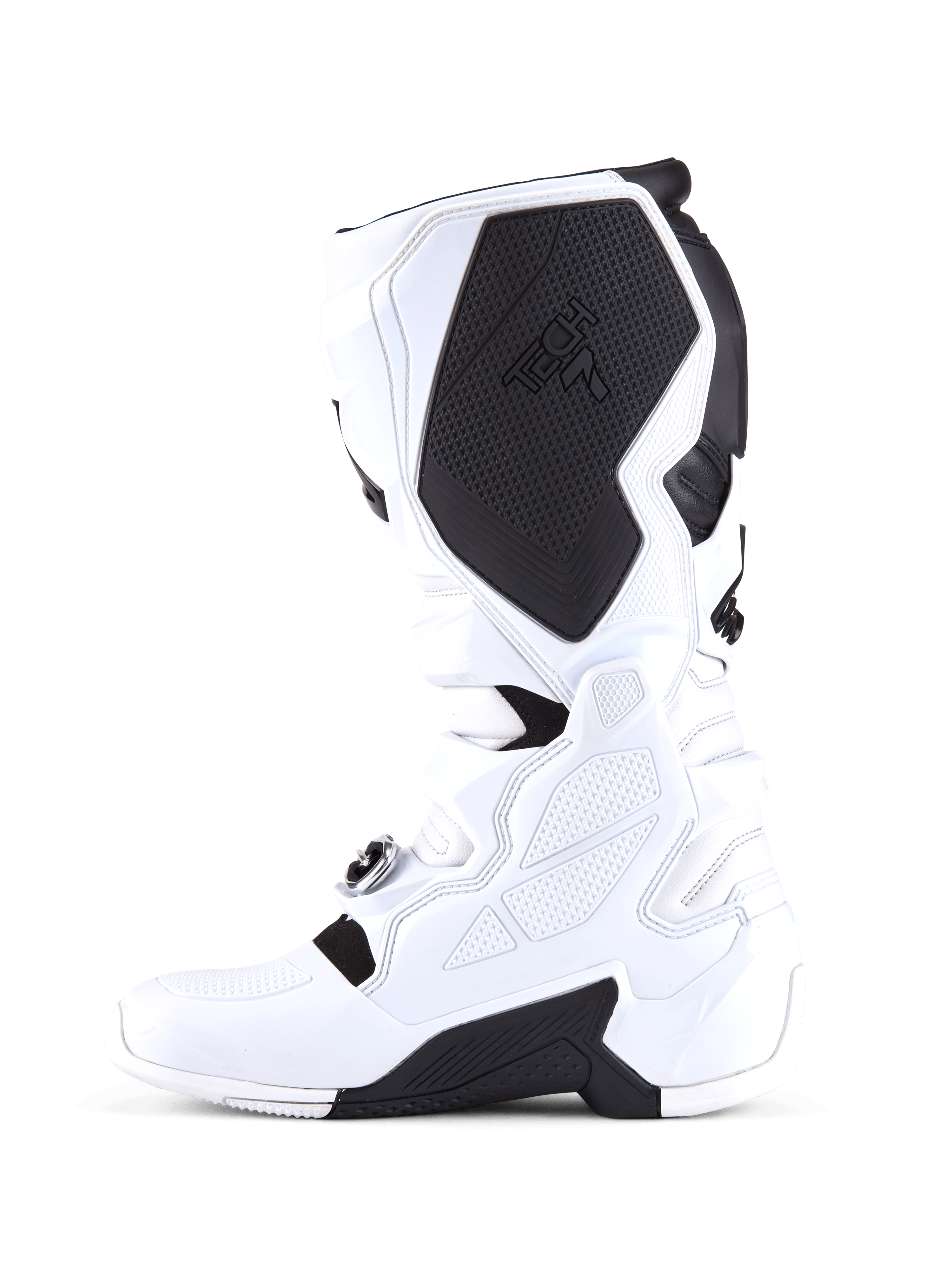 Alpinestars Tech 7 Boots, Motocross Boots, White and Black, medial side profile featuring a large black protective inner calf panel with Tech 7 branding, white TPU construction, and textured grip surfaces.