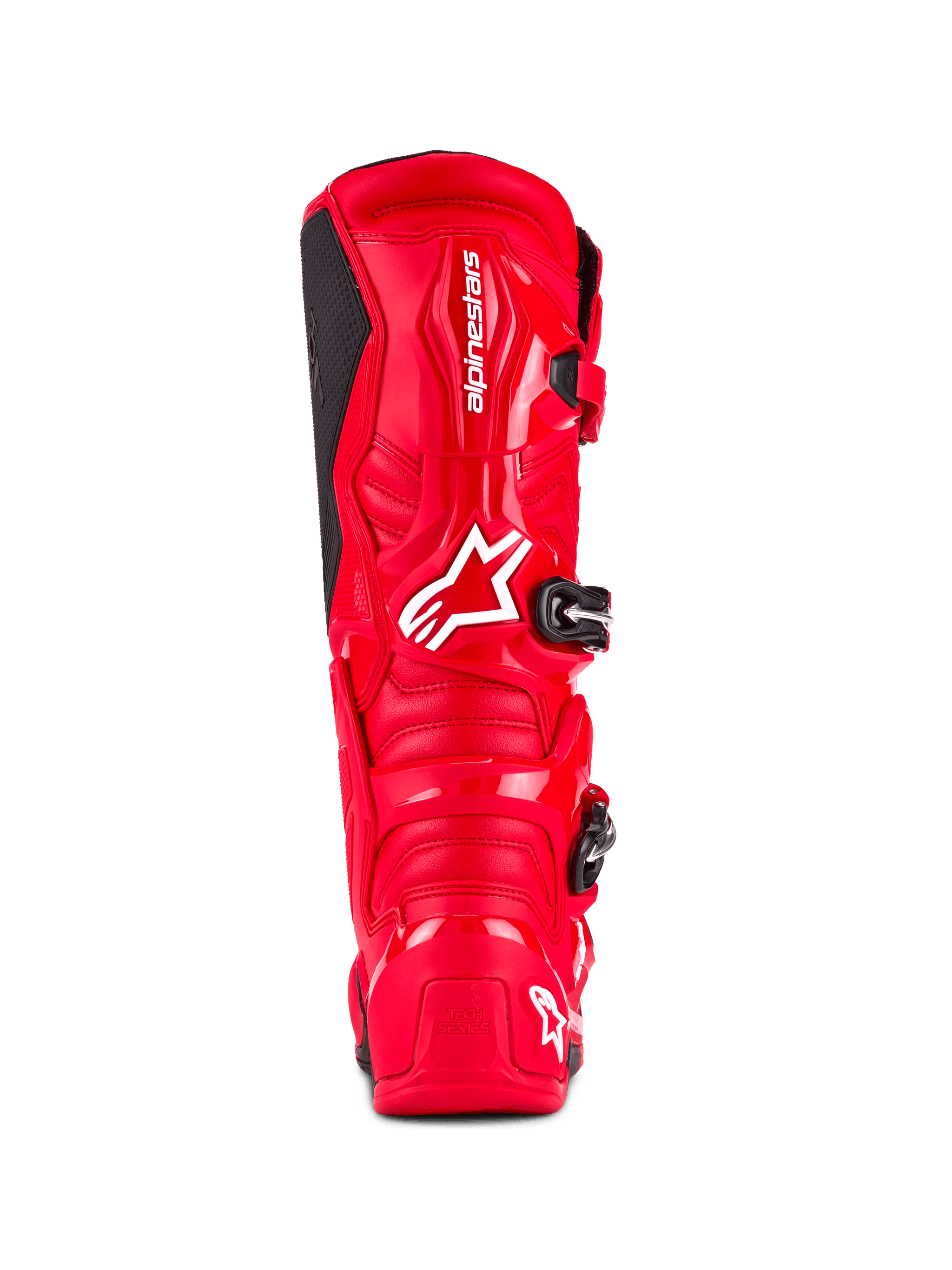 Alpinestars Tech 7 Boots, Motocross Boots, Bright Red, back view featuring a high-impact TPU shell, white Alpinestars branding on the calf, and 'Tech Series' logo on the heel, designed for off-road performance and protection.