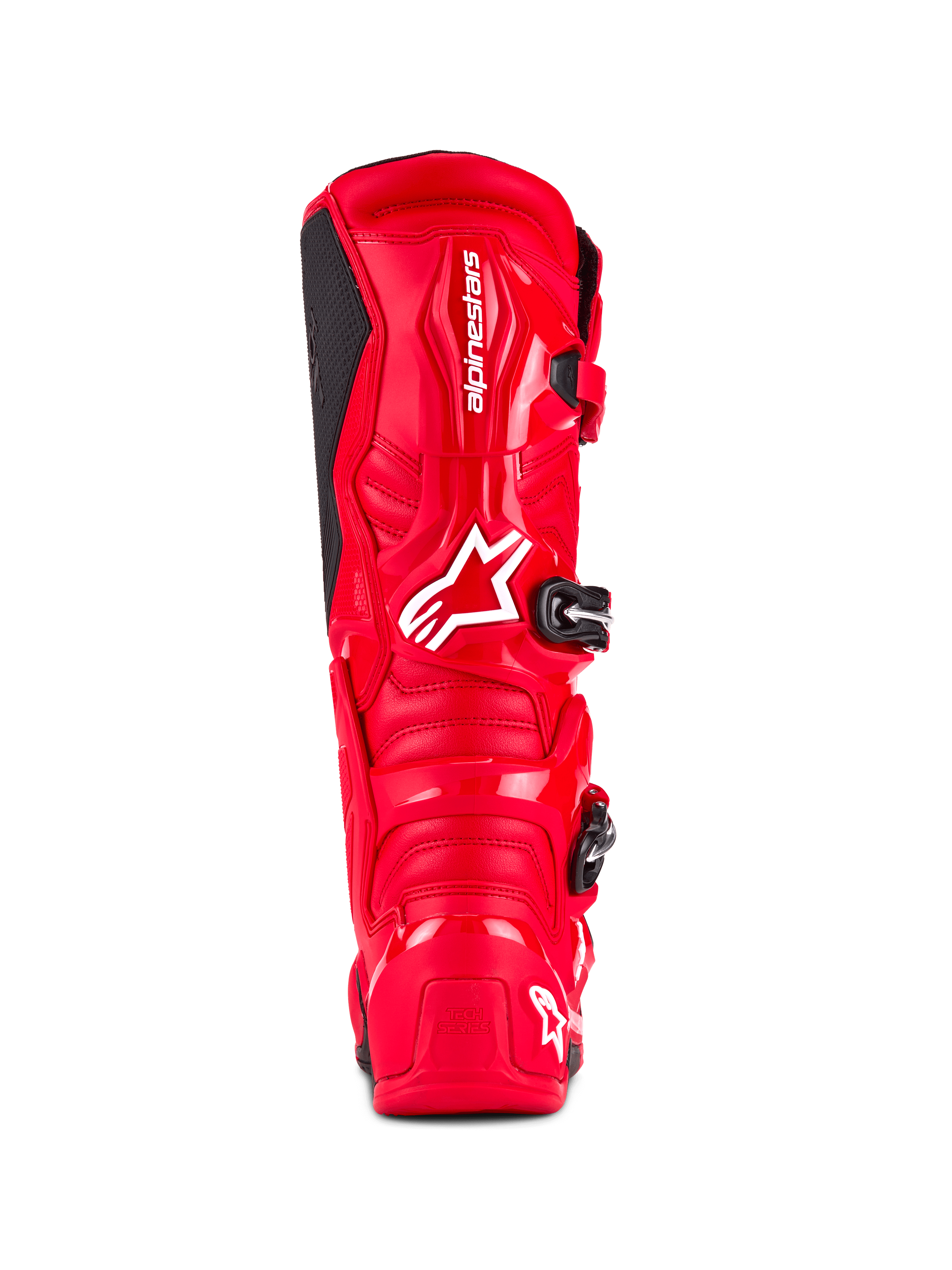 Alpinestars Tech 7 Stiefel, Motocross-Stiefel, Leuchtendes Rot, Rückansicht mit einer schlagfesten TPU-Schale, weißem Alpinestars-Branding an der Wade und „Tech Series“-Logo an der Ferse, entwickelt für Offroad-Performance und Schutz.