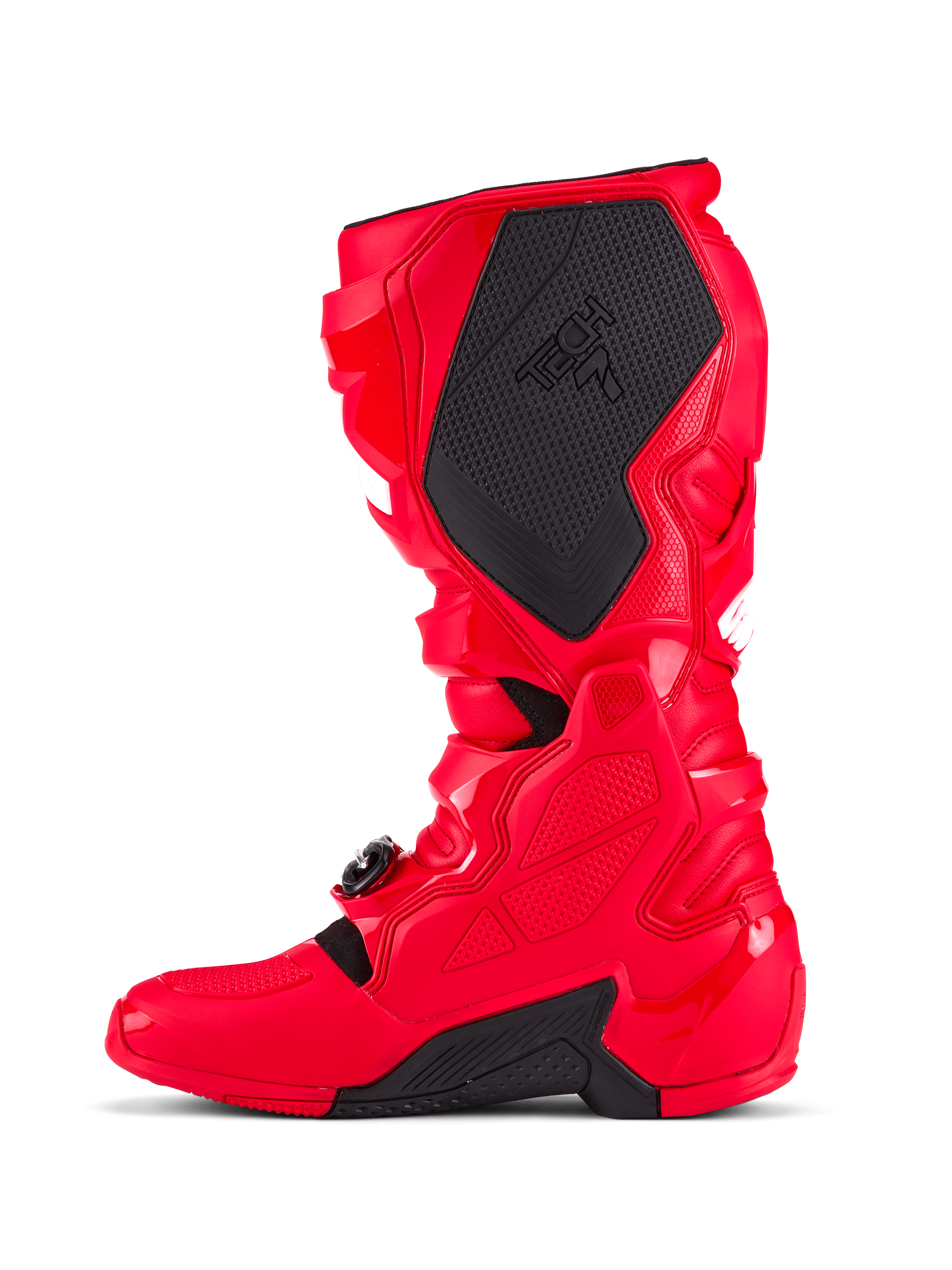 Alpinestars Tech 7 Stiefel, Motocross-Stiefel, Hellrot, Ansicht der Innenseite mit großem schwarzen, texturierten Grip-Panel mit Tech 7-Branding, TPU-Schutzschale und verstellbarem Schnallenverschlusssystem für den Offroad-Rennsport