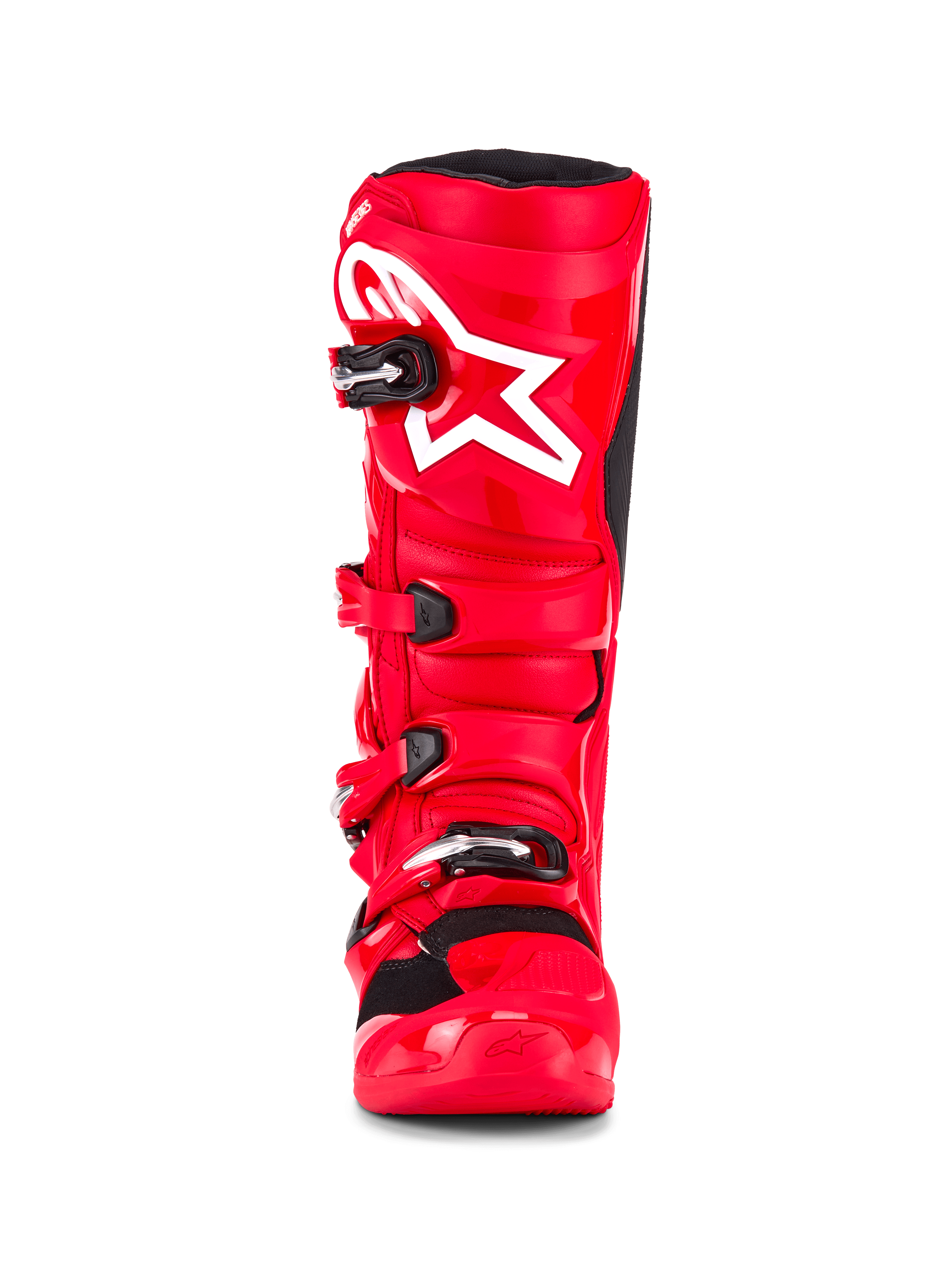 Alpinestars Tech 7 Stiefel, Motocross-Stiefel, Leuchtend Rot, Vorderansicht mit weißem Stern-Logo auf dem Schienbein, schwarzen Schnallenverschlüssen und einer Hochleistungs-TPU-Schutzschale.