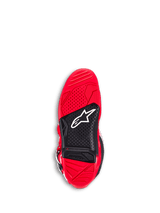 Alpinestars Tech 7 Boots, Motocross Boots, Bright Red, bottom view of the outsole, featuring red and black dual-compound rubber, textured grip for footpegs, white Astar logo, and a visible wear limit indicator.