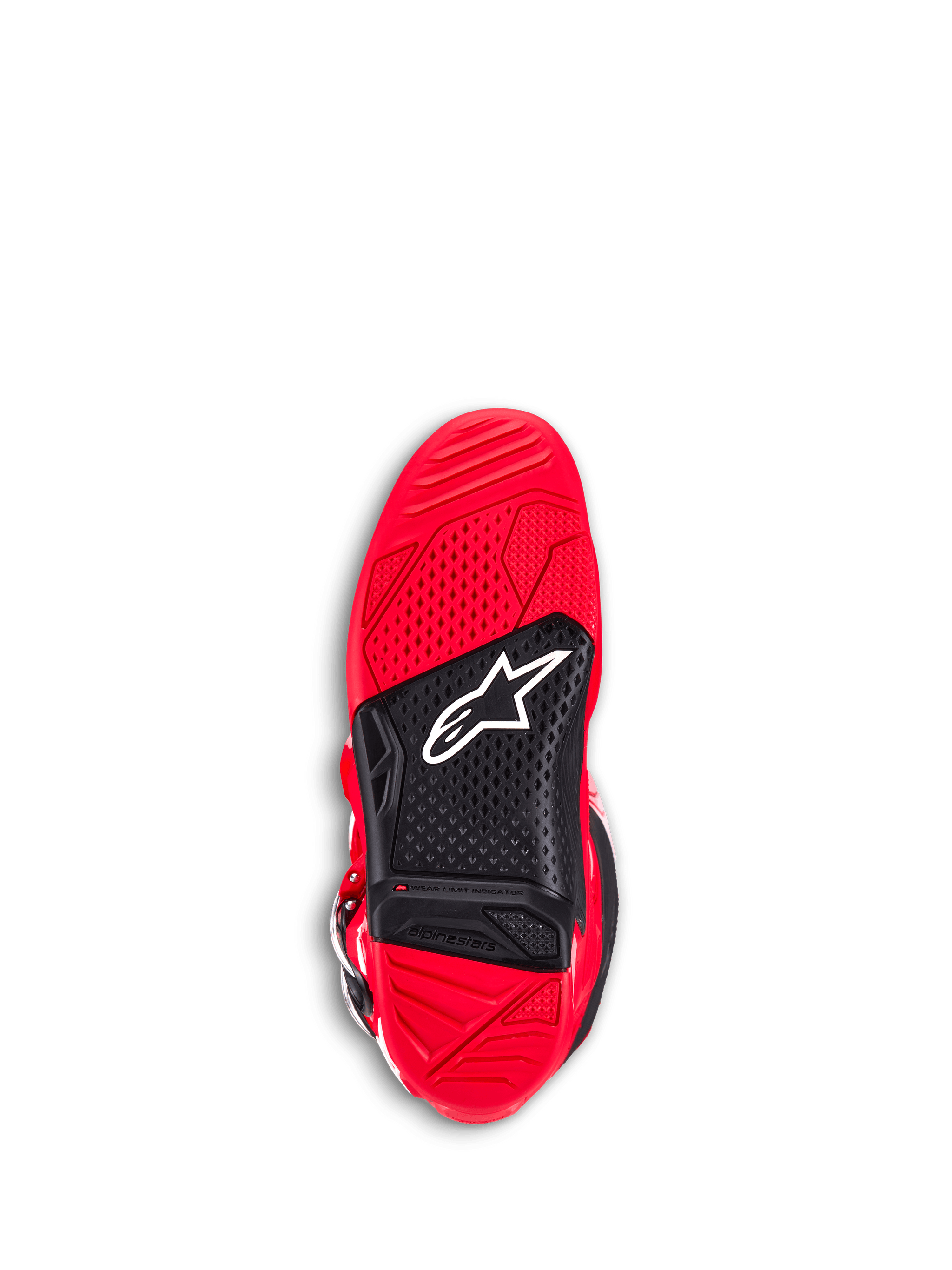Alpinestars Tech 7 Boots, Motocross Boots, Bright Red, bottom view of the outsole, featuring red and black dual-compound rubber, textured grip for footpegs, white Astar logo, and a visible wear limit indicator.