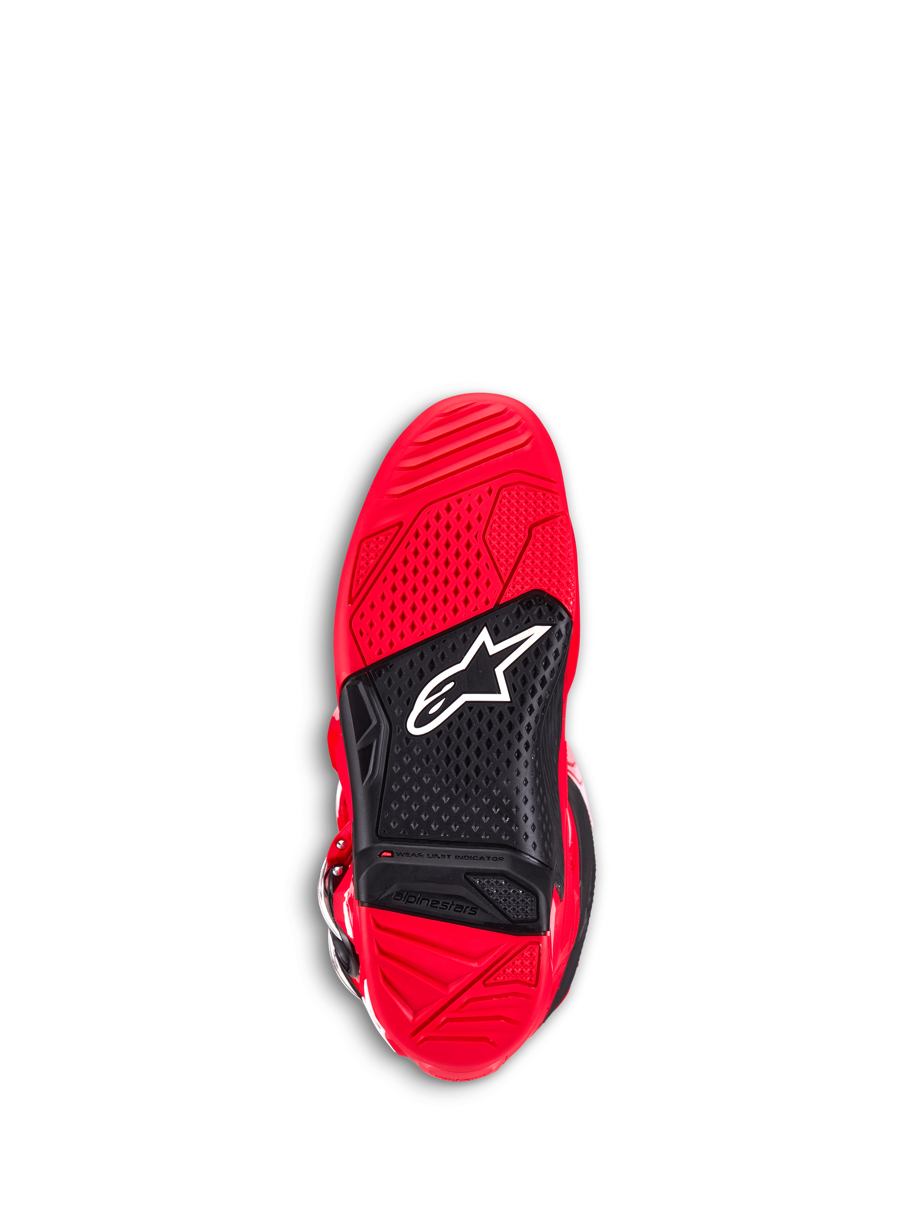 Alpinestars Tech 7 Stiefel, Motocross-Stiefel, Hellrot, Unteransicht der Außensohle mit rot-schwarzem Dual-Compound-Gummi, strukturierter Grip für Fußrasten, weißes Astar-Logo und sichtbarer Verschleißindikator.