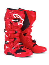 Alpinestars Tech 7 Boots, Motocross Boots, Bright Red, featuring white Astars logo on the shin, silver and black buckle closure system, and protective TPU shell for off-road performance