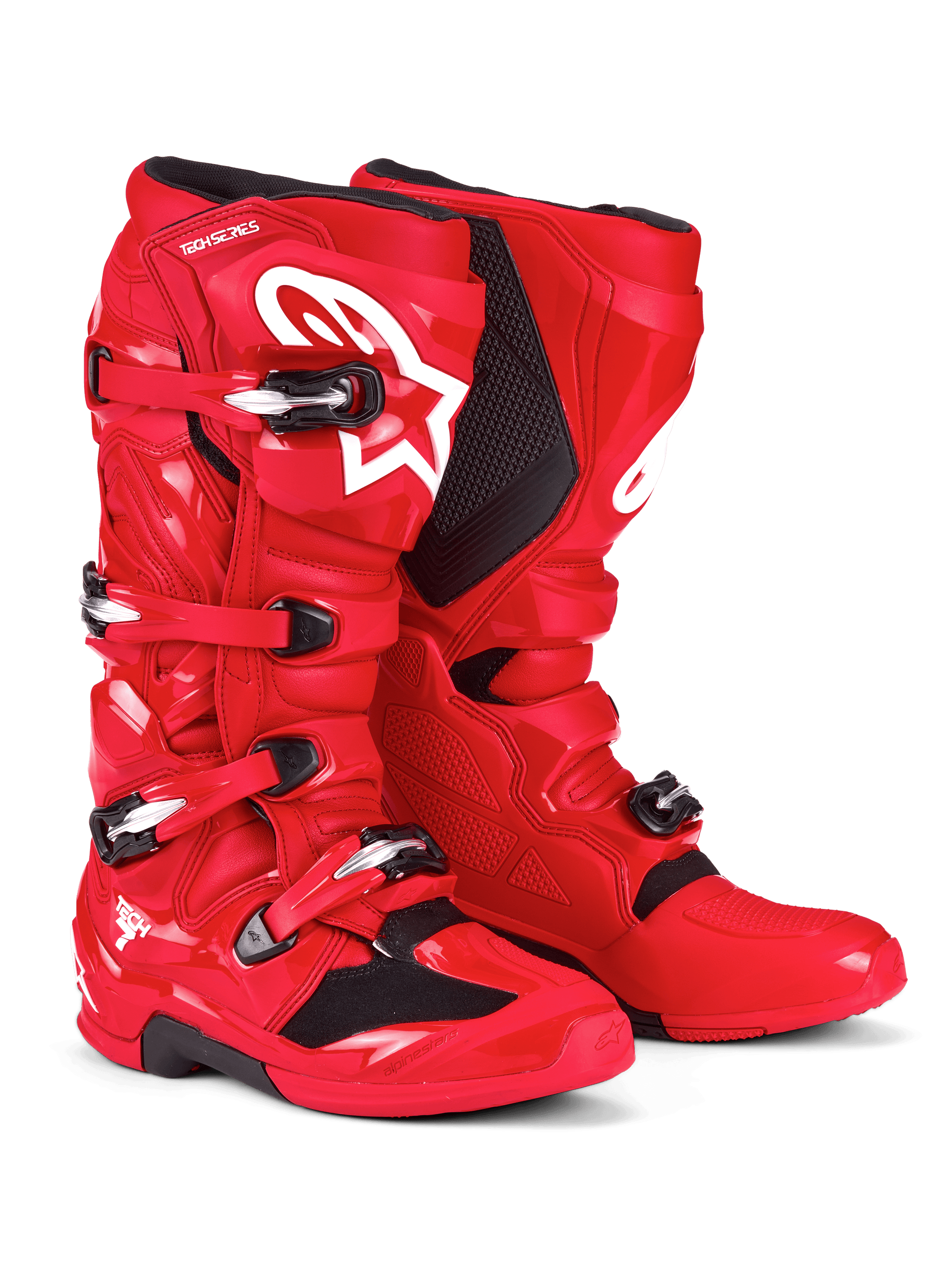 Alpinestars Tech 7 Boots, Motocross Boots, Bright Red, featuring white Astars logo on the shin, silver and black buckle closure system, and protective TPU shell for off-road performance
