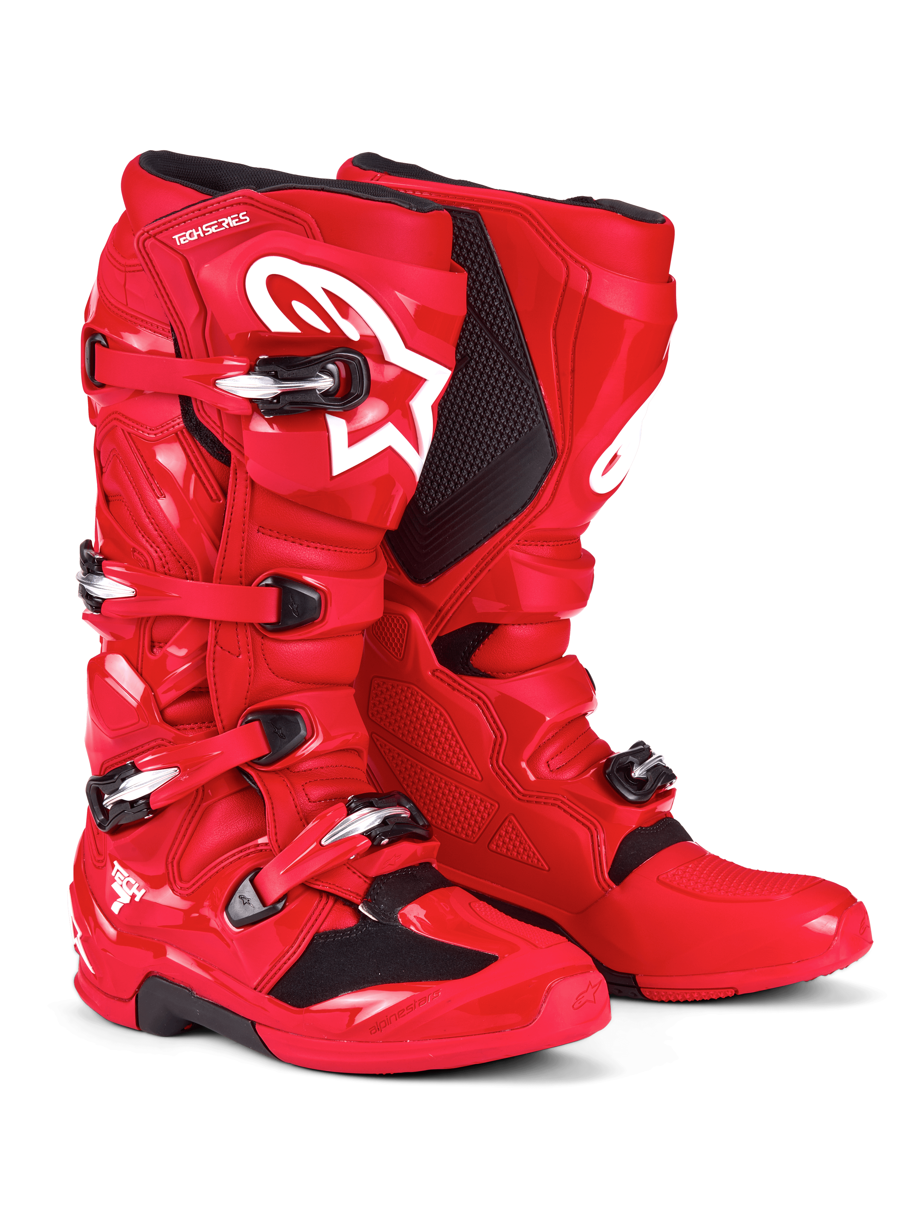 Alpinestars Tech 7 Stiefel, Motocross-Stiefel, Hellrot, mit weißem Astars-Logo auf dem Schienbein, silber-schwarzem Schnallenverschlusssystem und schützender TPU-Schale für Offroad-Performance