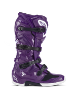 Alpinestars Tech 7 Boots, Motocross Off-Road Boots, Glossy Purple with Black buckles and White accents, lateral view, four-strap closure system, white Star logo on the heel and shin, durable TPU construction for off-road performance