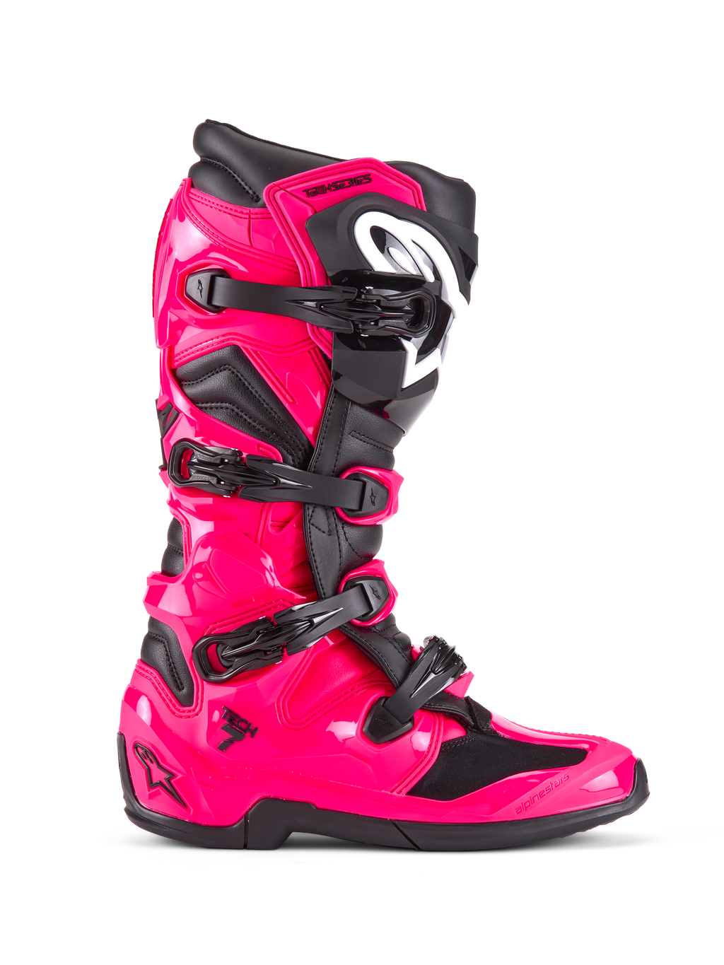 Alpinestars Tech 7 Stiefel, Motocross- und Offroad-Stiefel, Diva Pink und Schwarz, glänzende pinkfarbene TPU-Schale mit schwarzen Akzenten, vier verstellbare schwarze Schnallen, verstärkter Schienbeinschutz, Profi-Rennstiefel