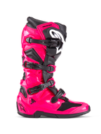 Alpinestars Tech 7 Stiefel, Motocross- und Offroad-Stiefel, Diva Pink und Schwarz, glänzende pinkfarbene TPU-Schale mit schwarzen Akzenten, vier verstellbare schwarze Schnallen, verstärkter Schienbeinschutz, Profi-Rennstiefel