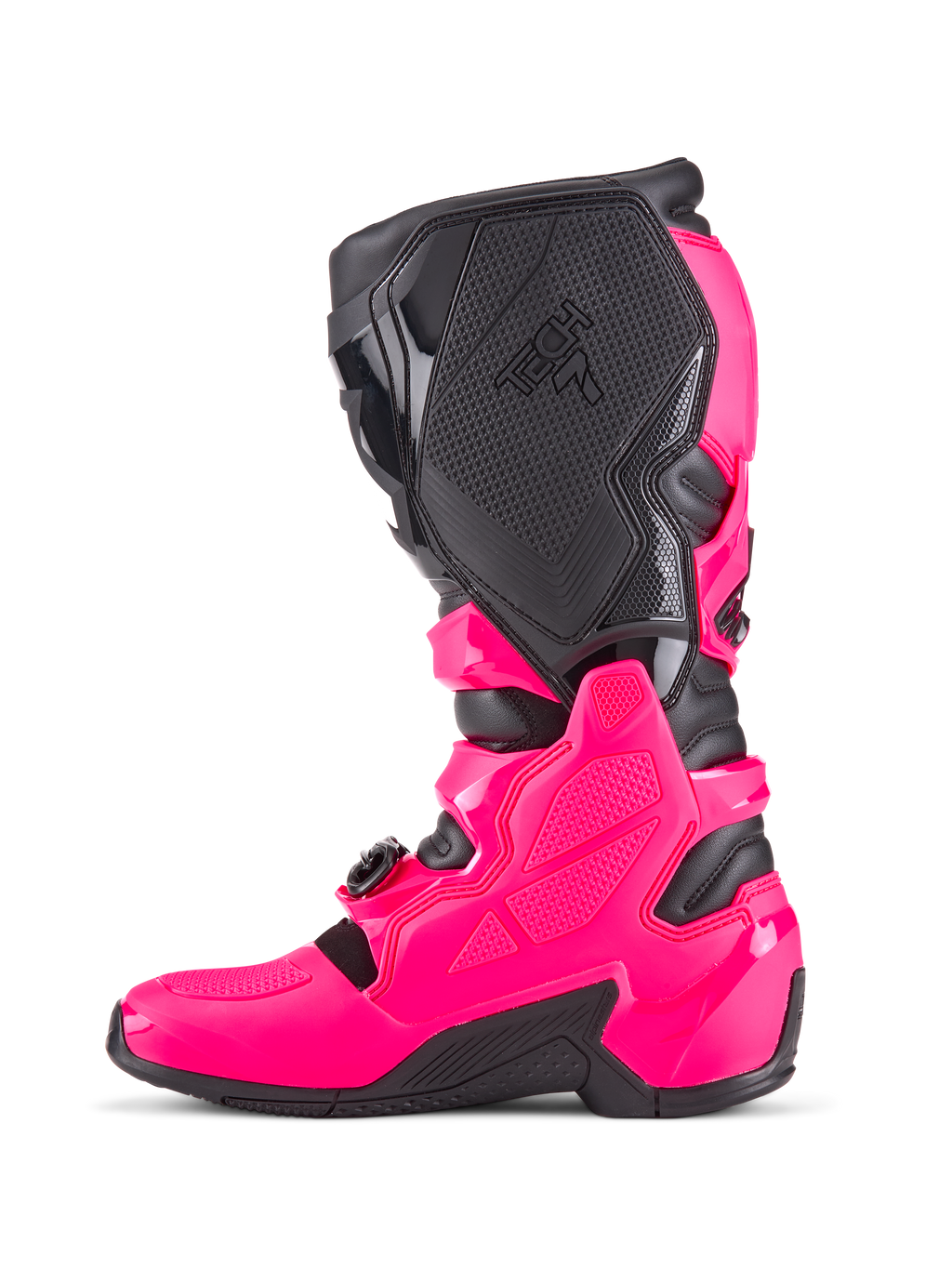 Alpinestars Tech 7 Motocross-Stiefel, Diva Pink und Schwarz, Seitenprofil mit schützender TPU-Schale, strukturierten medialen Grip-Panels mit Tech 7-Branding und robuster schwarzer Sohle, Hochleistungs-Schuhwerk für den Offroad-Rennsport